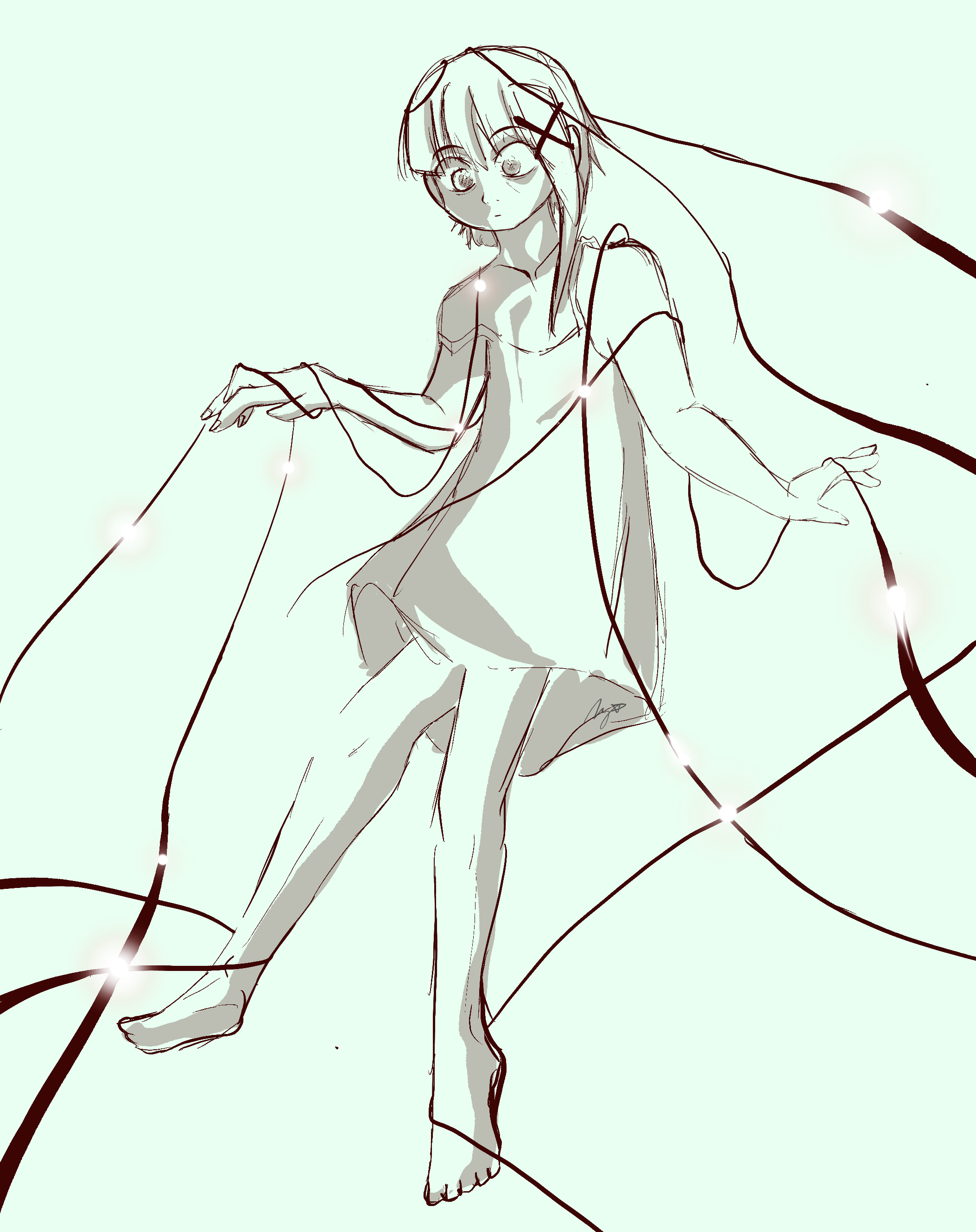 Line drawing of Lainin a nightgown, reaching out her hand while floating in space amongcomputer wires.