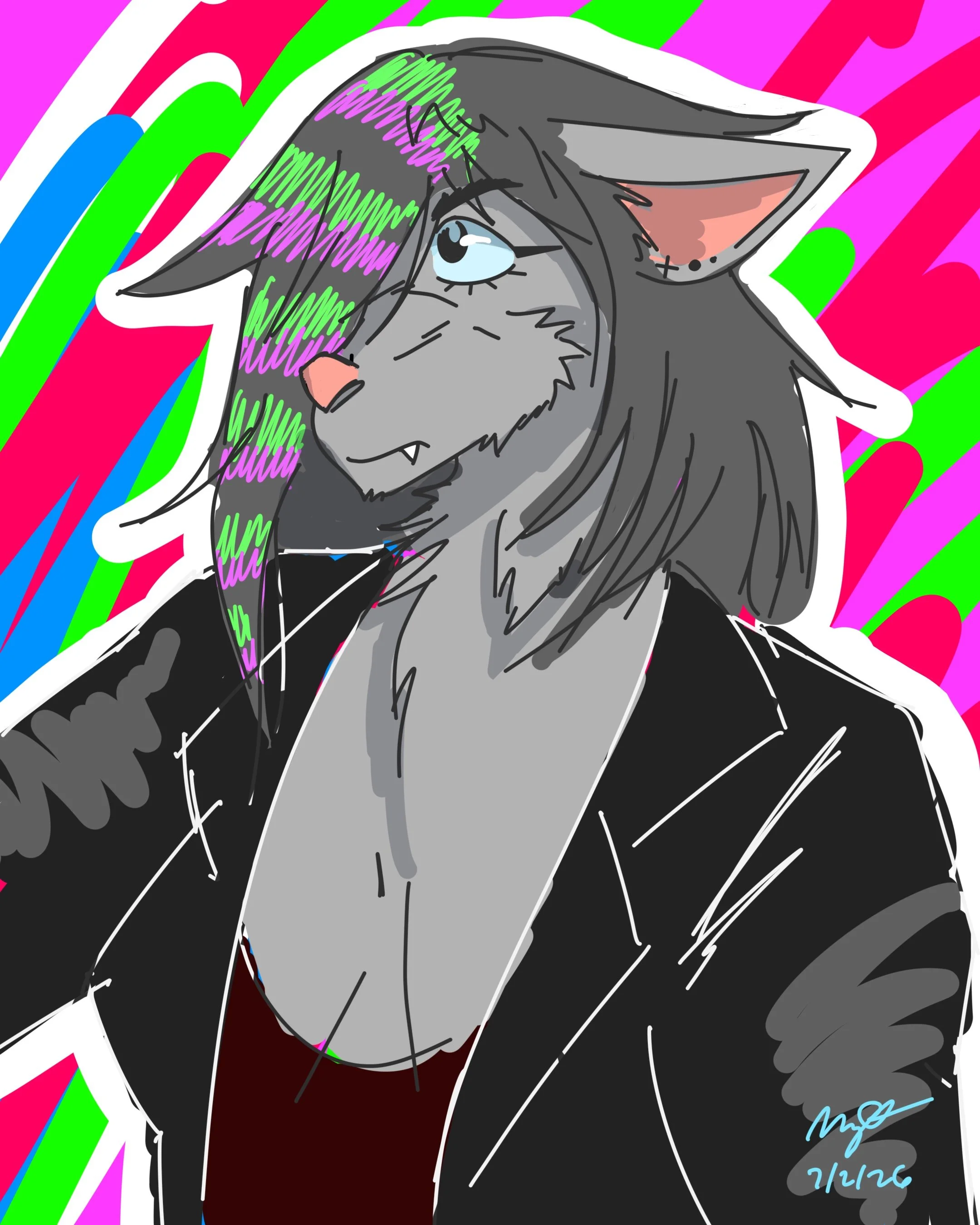 A digital drawing of an anthropomorphic wolf with long, dark hair that has purple and green streaks. The wolf has light blue eyes, a pink nose, and a toothy smile showing small fangs. It is wearing a black jacket over a gray shirt. The background fea