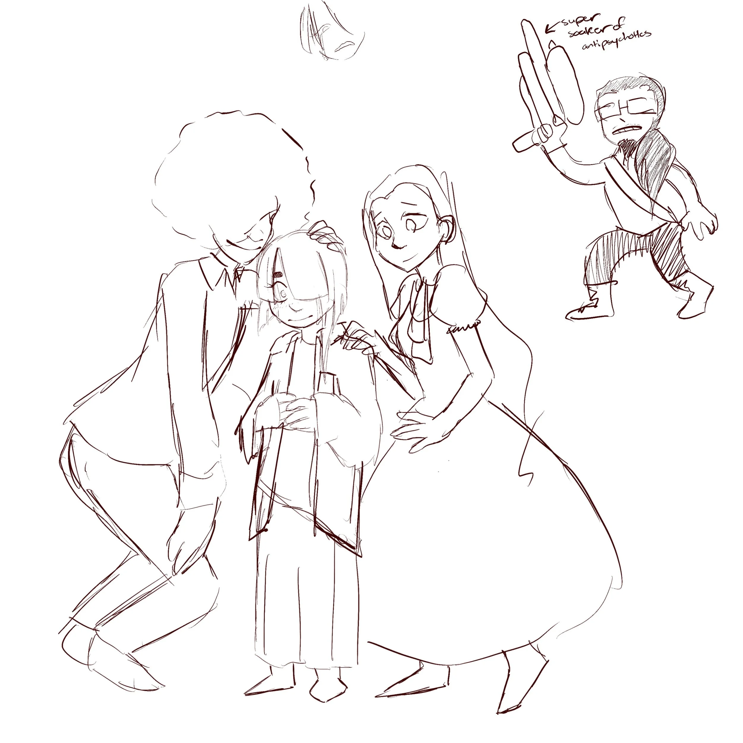 Sketch of three female students with one holding a phone and another with a coffee mug, and a person holding a smoking gun labeled 'super derp of antipychotics'.