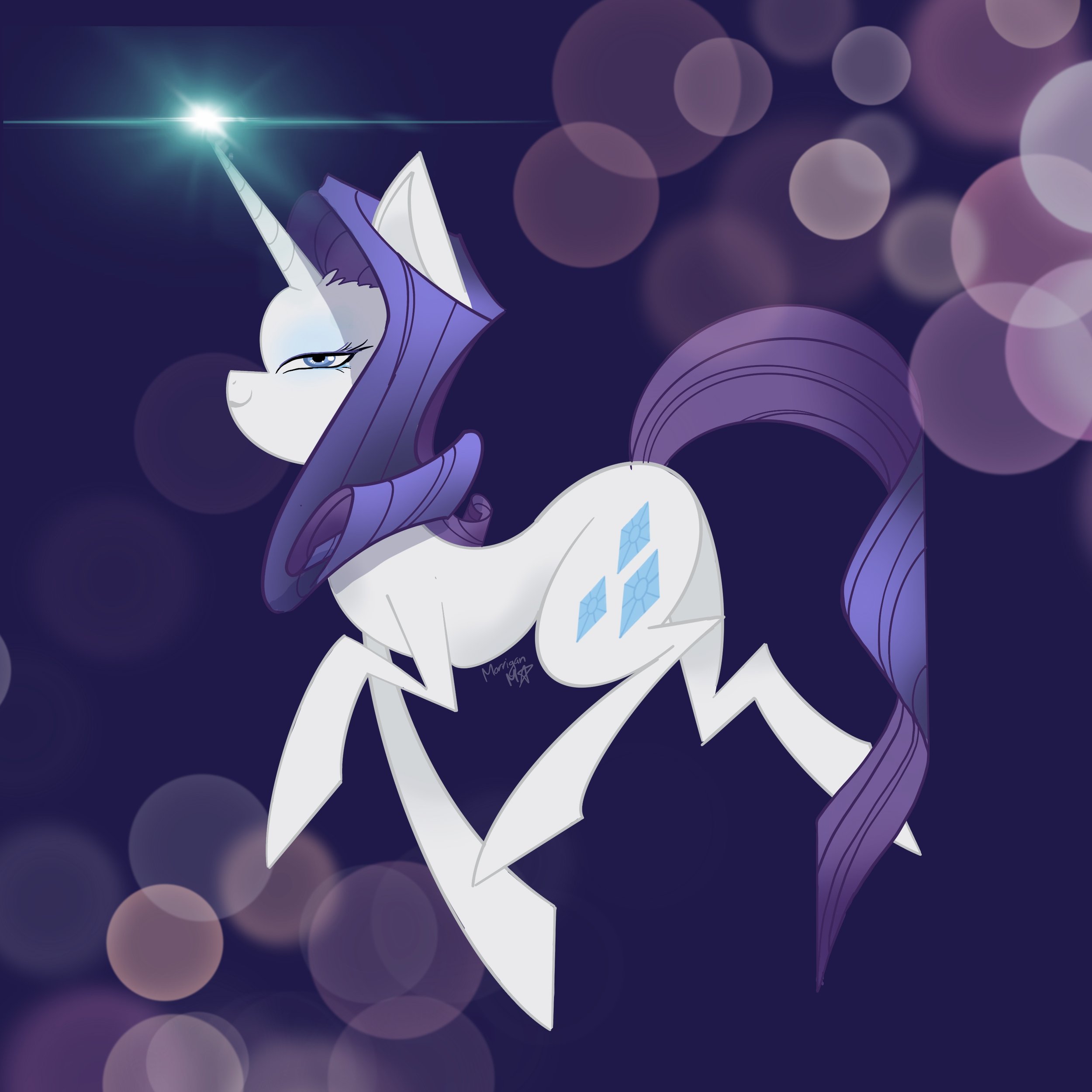 A digital illustration of a unicorn with a purple mane and tail, white body, and blue diamond-shaped markings, set against a dark purple background with bokeh effect and a lens flare.