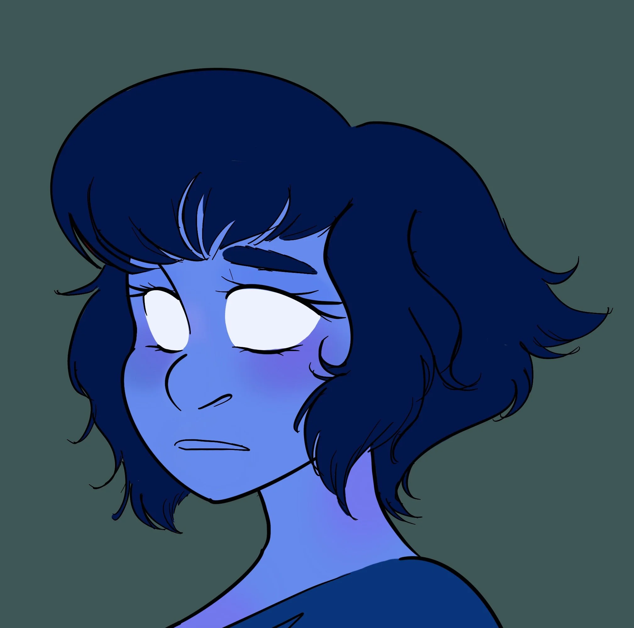 A drawing of a girl with long, wavy hair, tears on her face, and closed eyes.