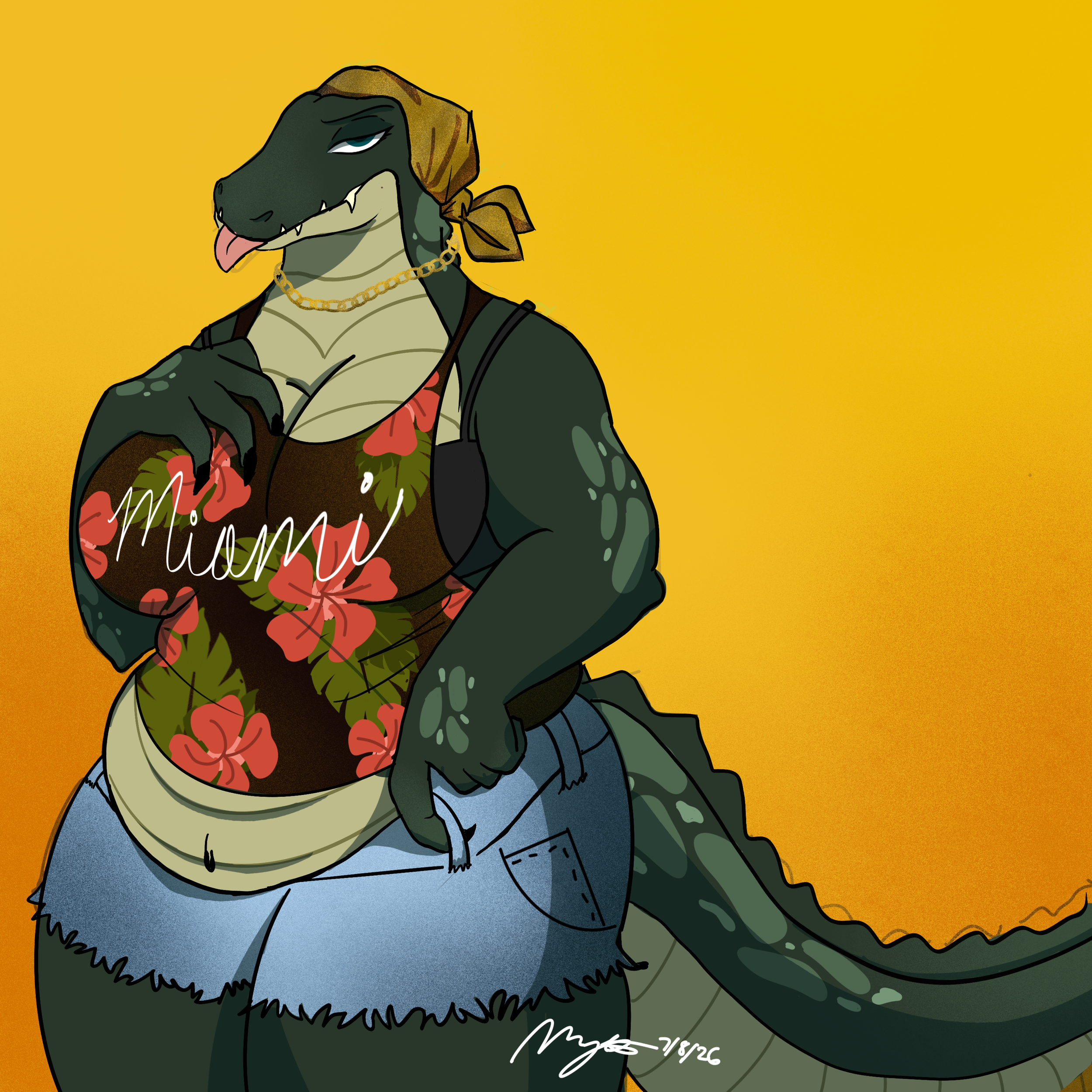 A cartoon illustration of an anthropomorphic dinosaur wearing a brown bandana, gold chain necklace, floral apron, blue jeans, and a green jacket, against a bright yellow background.