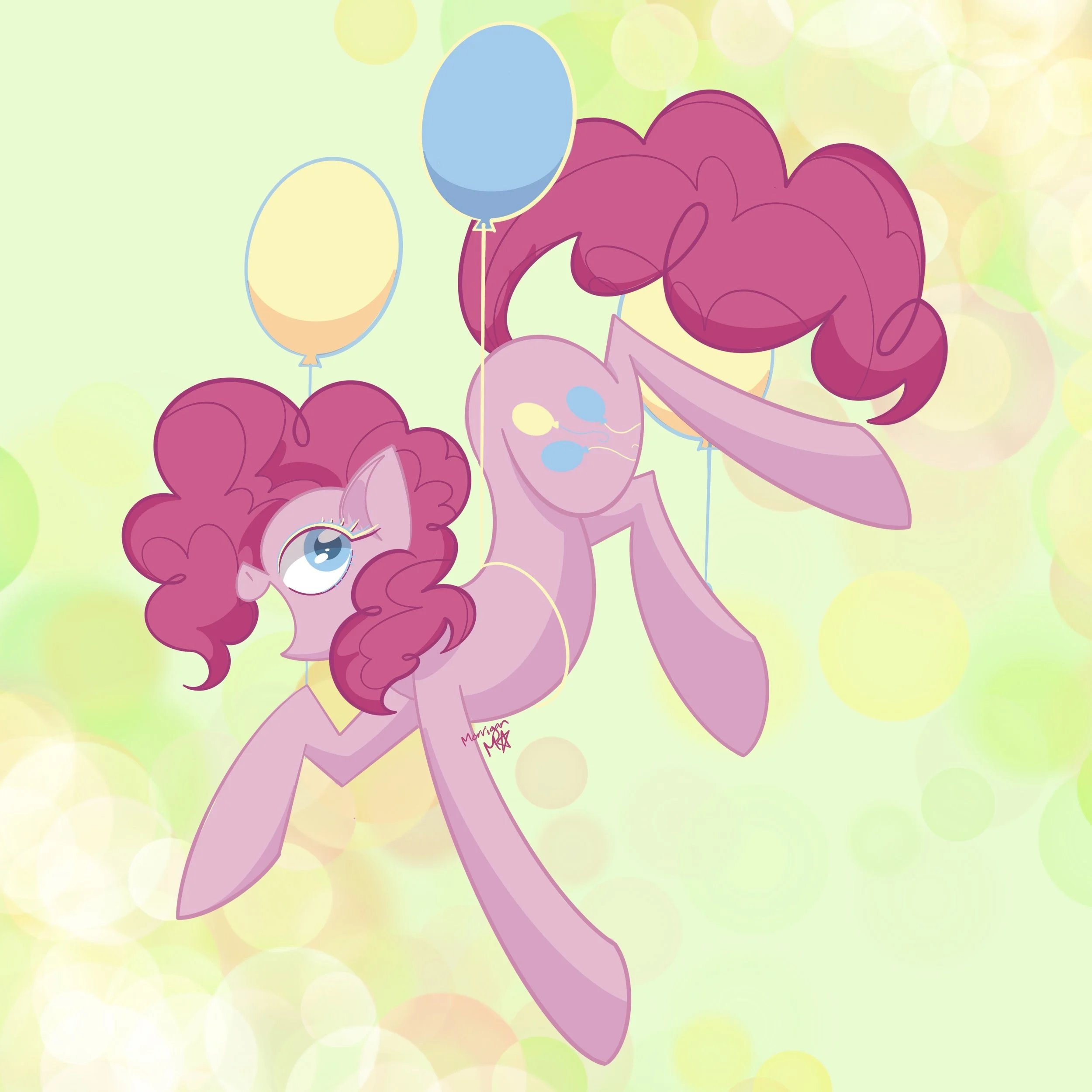 A cartoon illustration featuring Pinkie Pie, a purple pony with a pink mane, holding balloons in the air against a colorful, bokeh-filled background default.