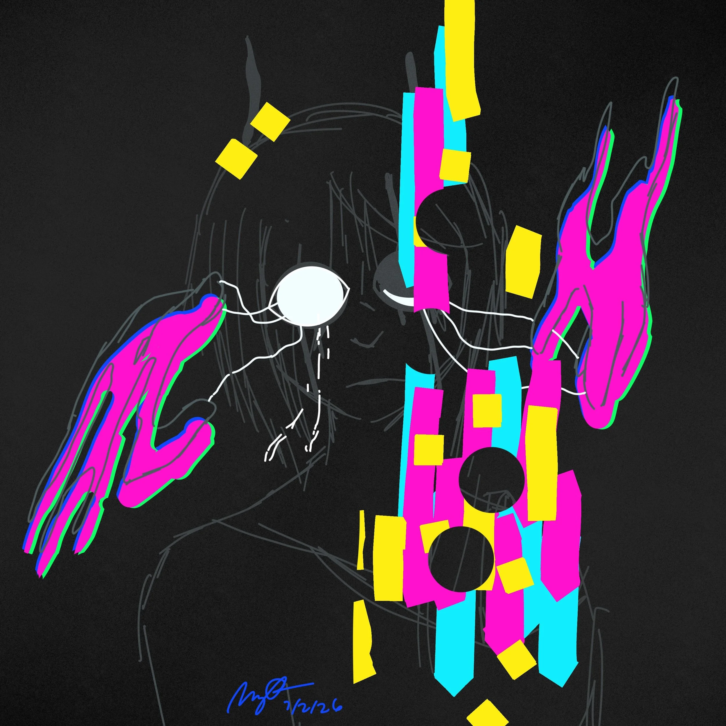 Digital abstract art featuring neon-colored geometric shapes such as rectangles and lines on a dark background, with some signature and date at the bottom.