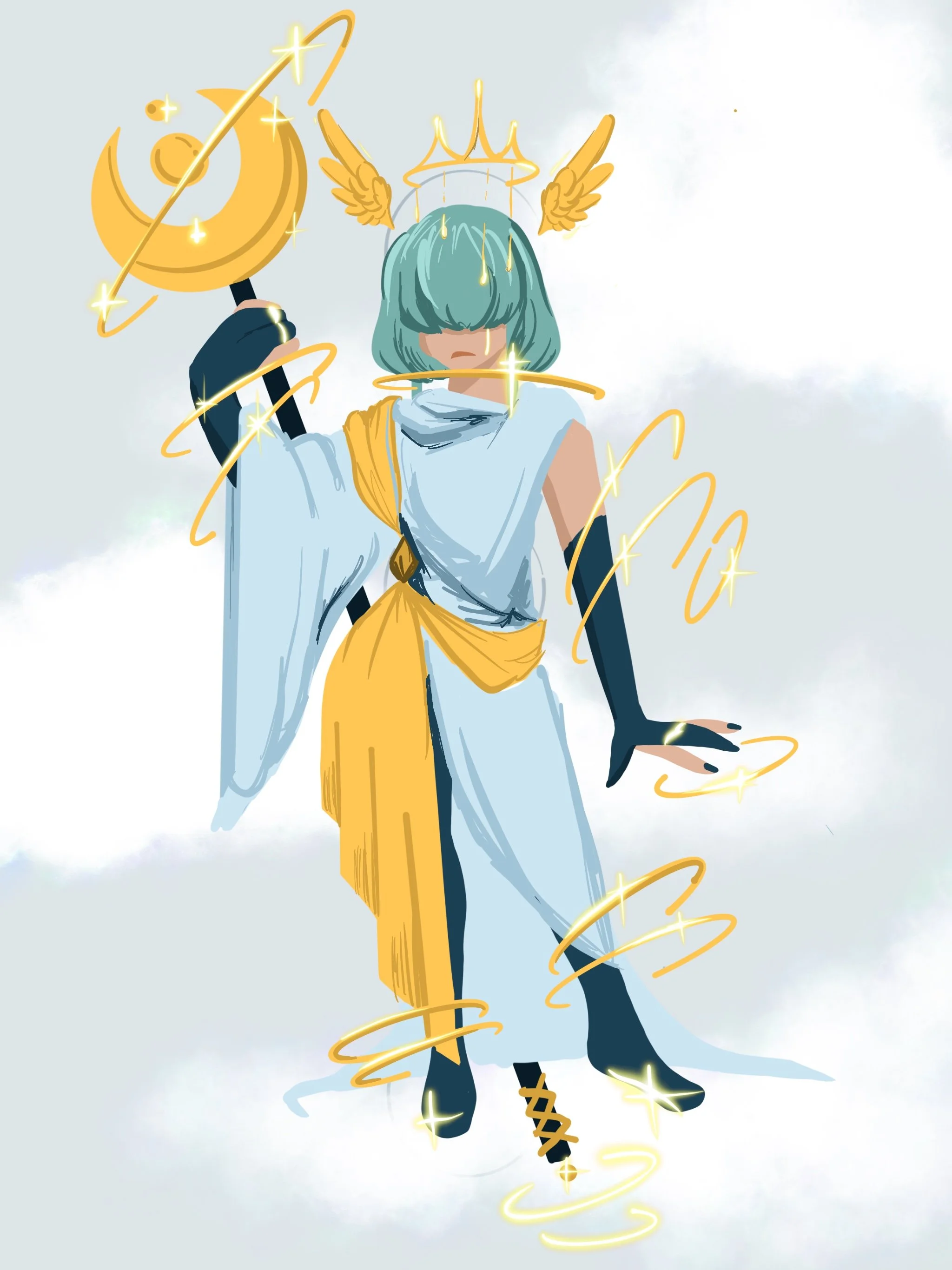 A digital illustration of a character with teal short hair, wearing a white and yellow outfit, black gloves, and black shoes with yellow laces. They are holding a wand with a crescent moon and star and are surrounded by glowing golden sparkles and sw