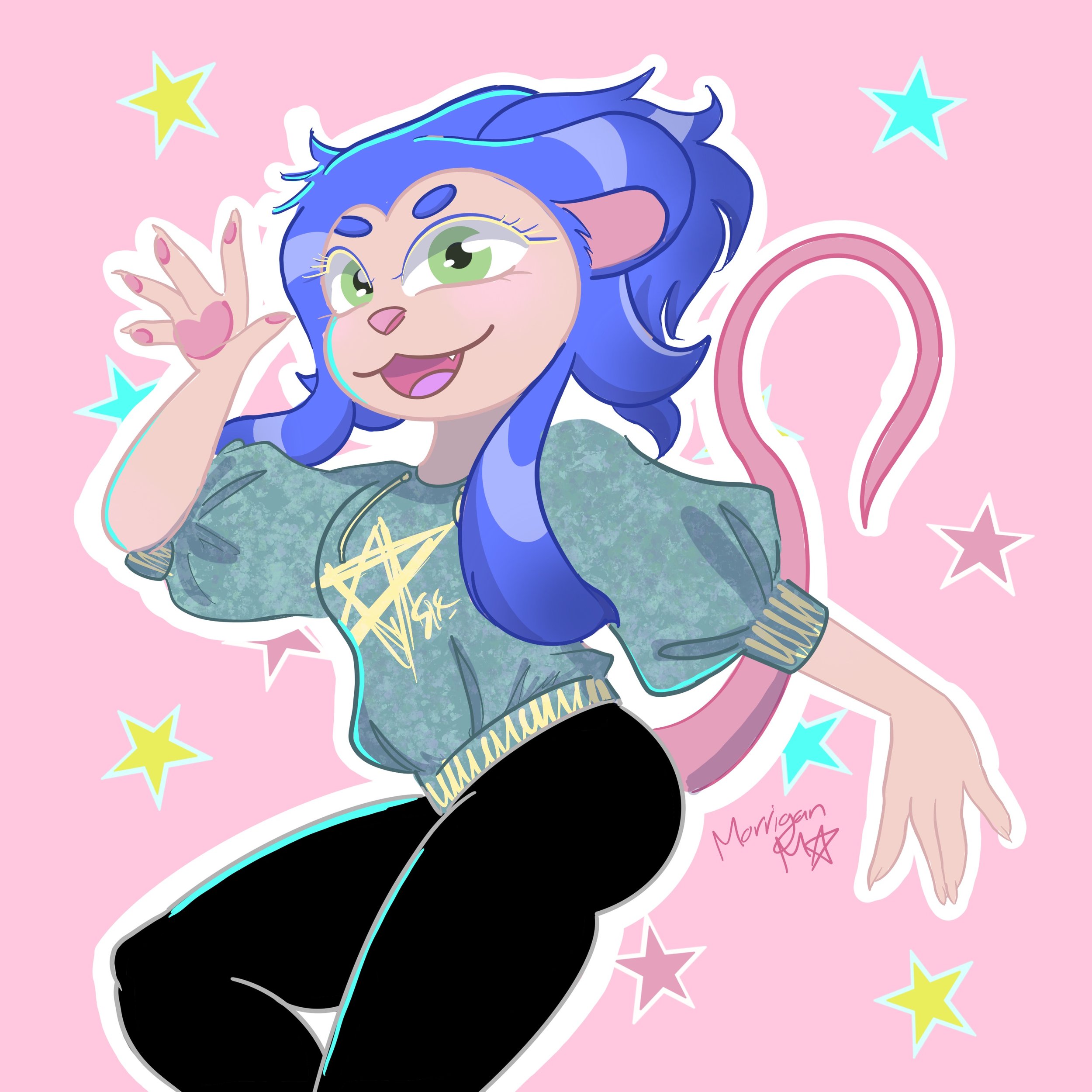 A cartoon girl with blue hair and green eyes making a peace sign gesture. She is wearing a green sweatshirt with yellow writing, black pants, and has pink and blue details in her hair. The background is pink with colorful stars and a rainbow. The gir