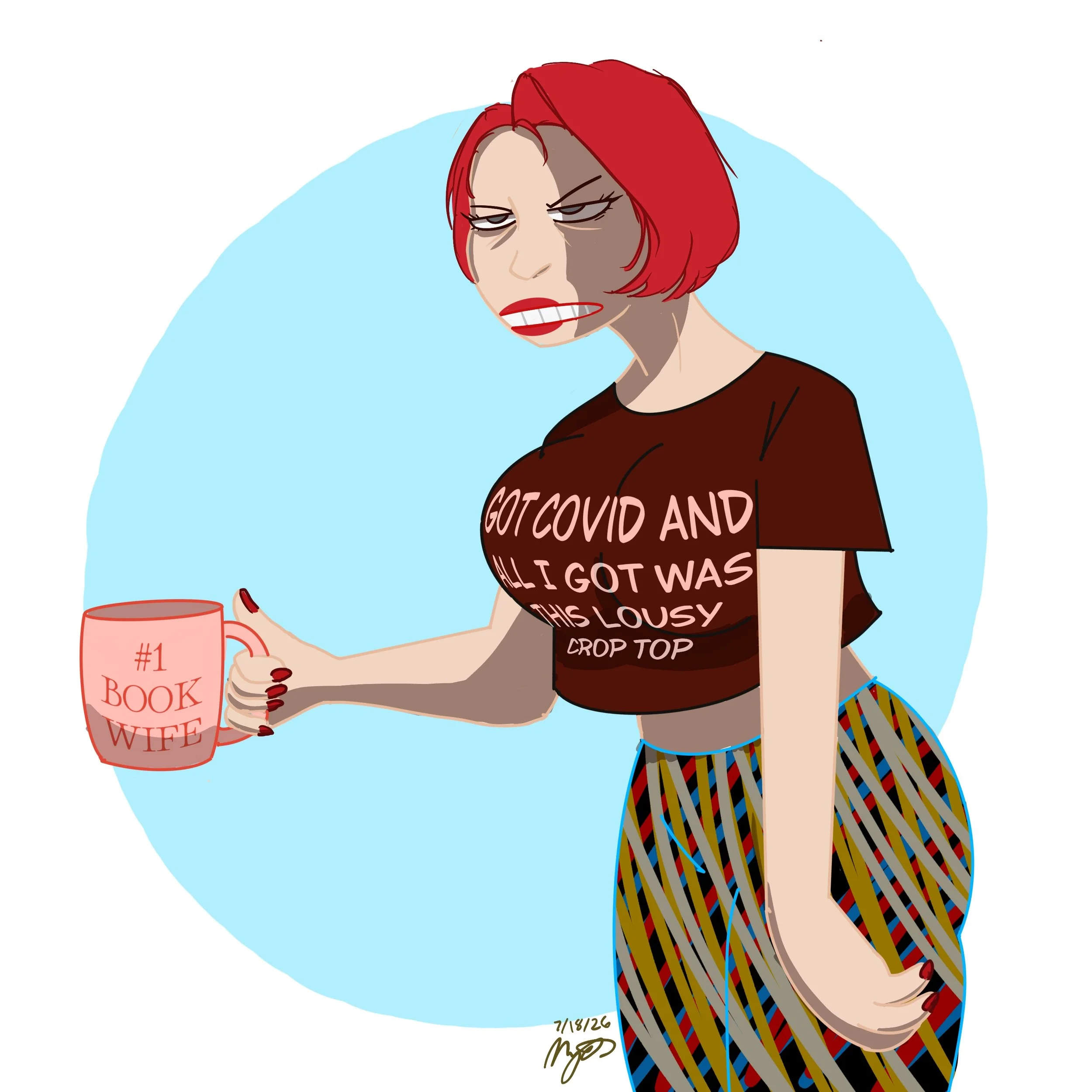 A cartoon woman with short red hair, wearing a dark red T-shirt with text, and striped pants, holds a pink mug reading '#1 Book Wife', with an annoyed facial expression.