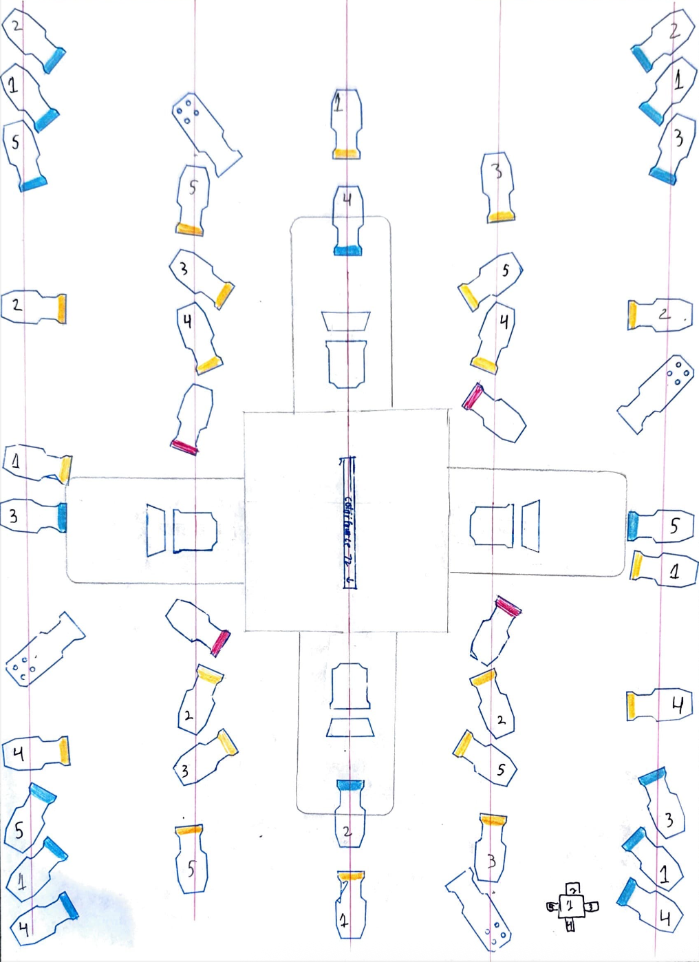 These are my hand-drawn drafts of lightings plots I did to help me visualize how to design for the round. Click for a PDF.