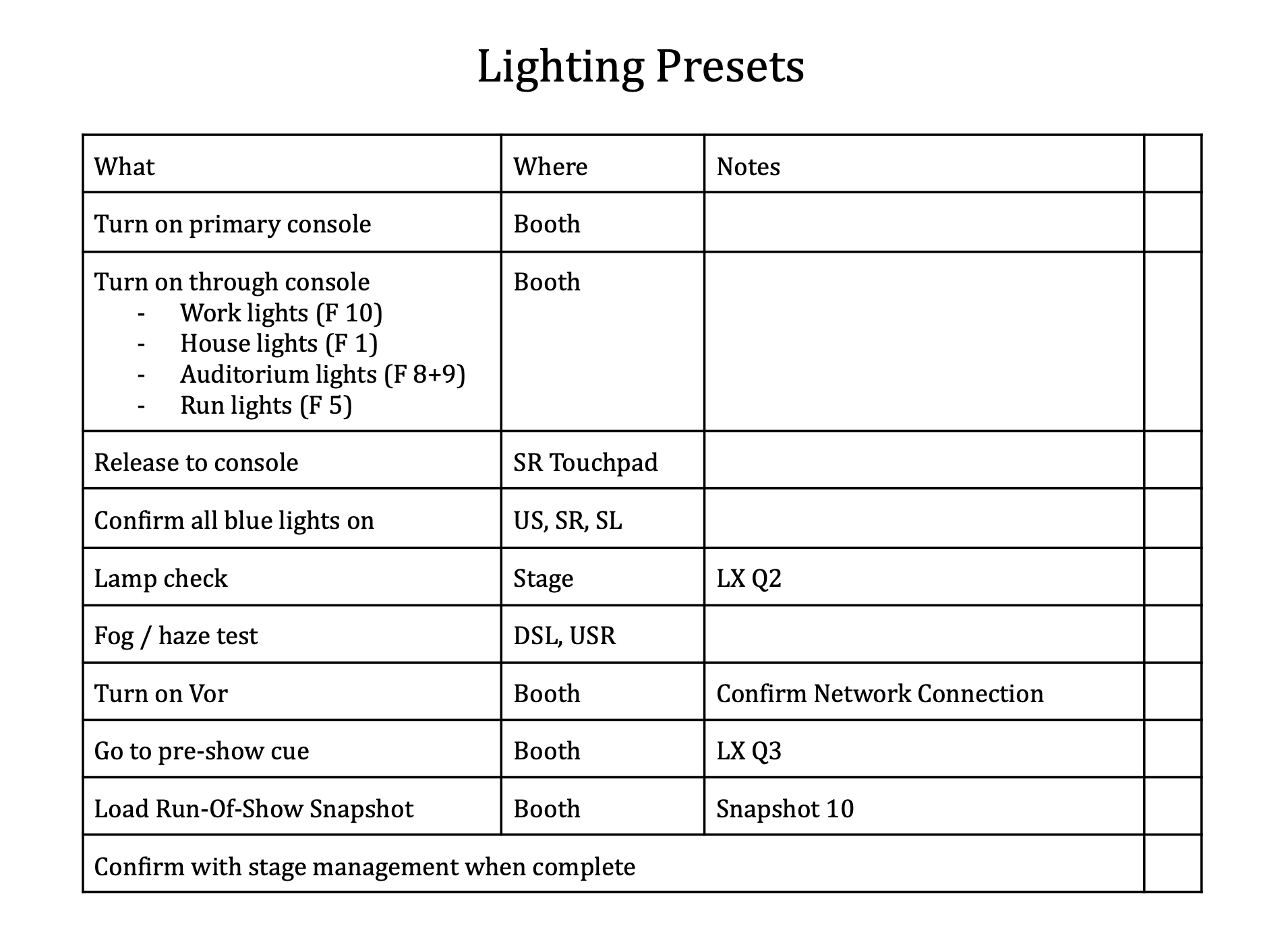 This was the preset sheet I made for the light board operator.