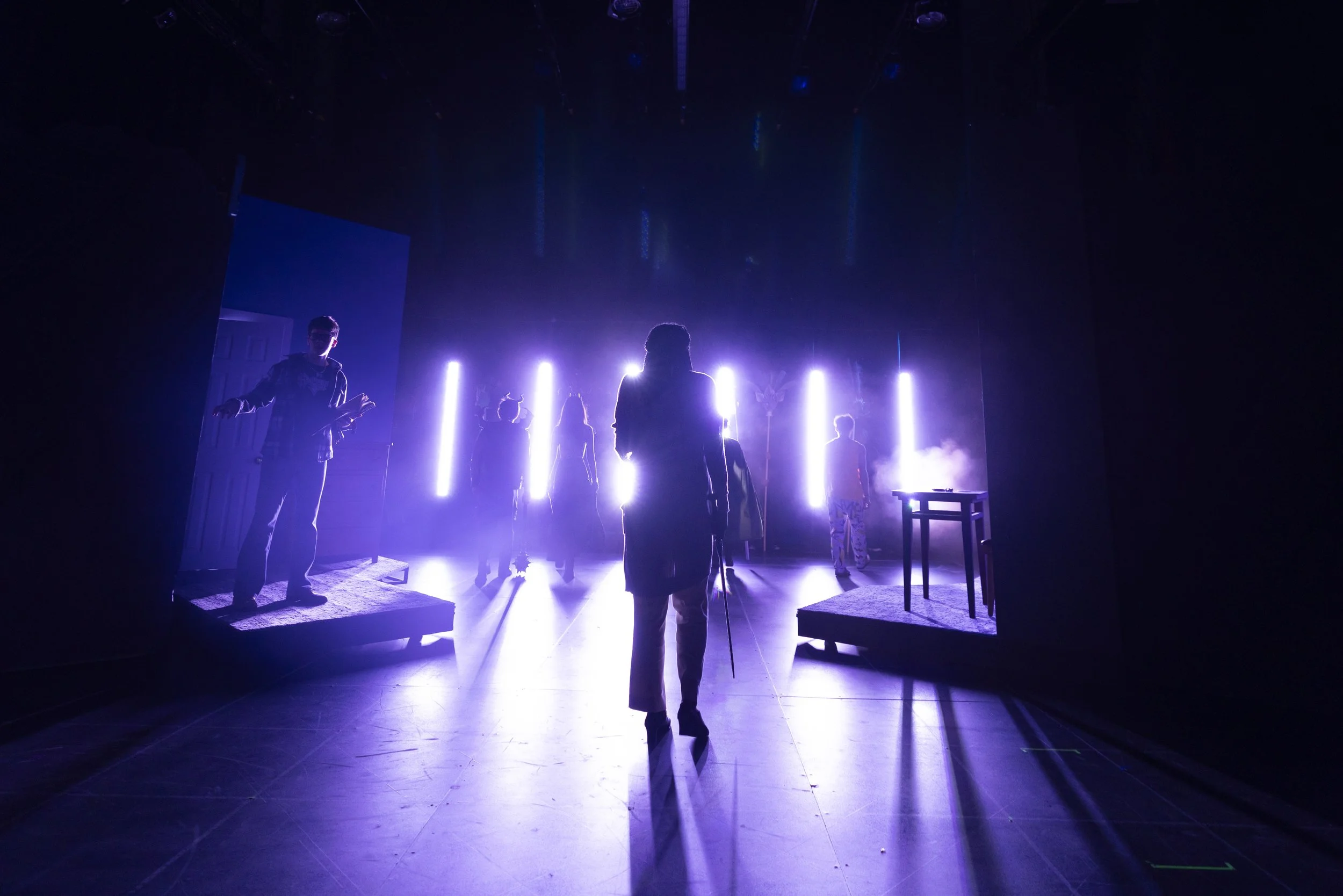 Tiamat is revealed: For the Tiamat Fight sequence, we split the main center unit in half and flew out the tab at the back of the stage. This revealed vertical batten lights from which the Tiamat emerged from.