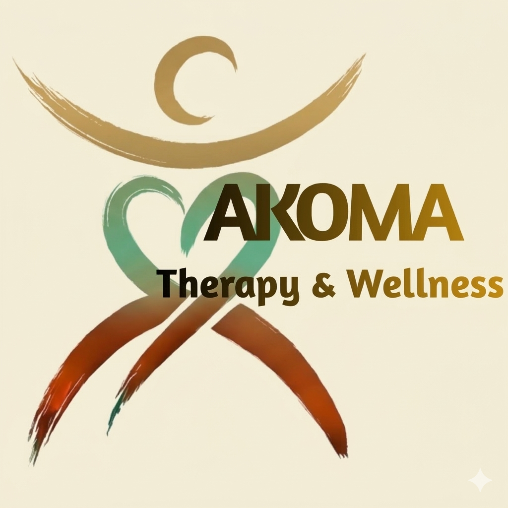 Logo for AkoMa Therapy & Wellness featuring a stylized human figure with arms raised, created with brush strokes in brown, green, and beige, with a crescent moon at the top.