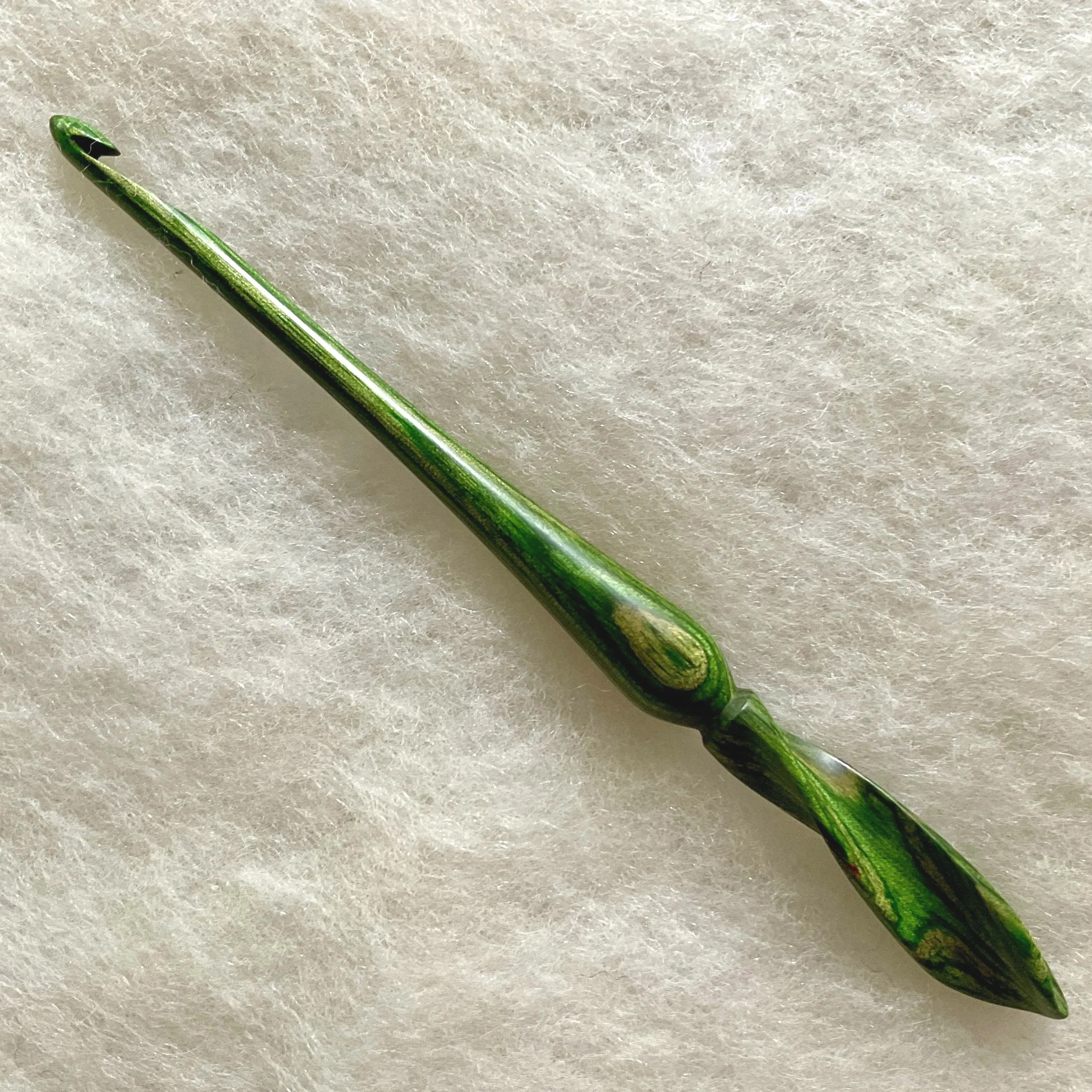 Spiral Crochet Hook, size H, in Green. Made in Vermont by Tom Diak.