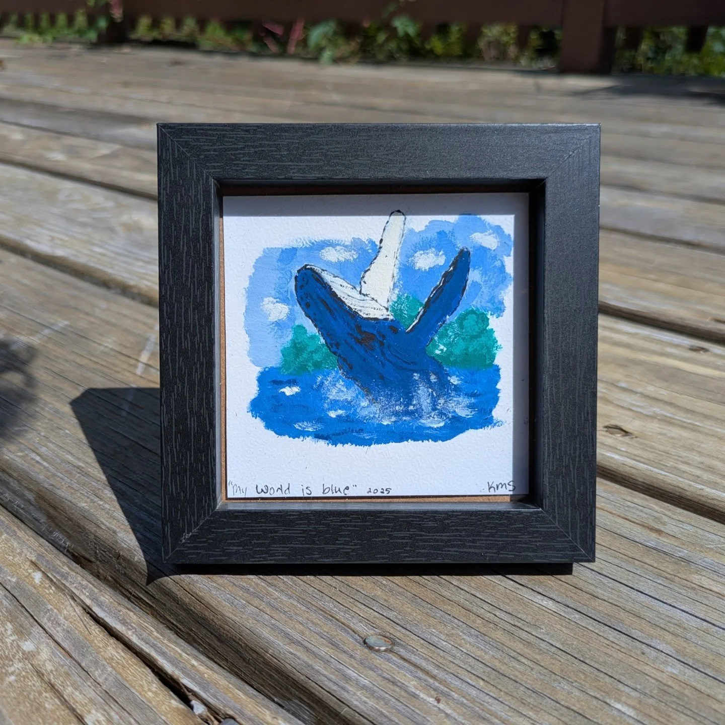 &quot;My world is blue.&quot; Gouache on paper.
A few years ago I had the privilege of seeing a Mama and baby humpback on a whale watching trip. I think about them often and wonder how they are. 
This painting pays homage to all of the big beautiful 