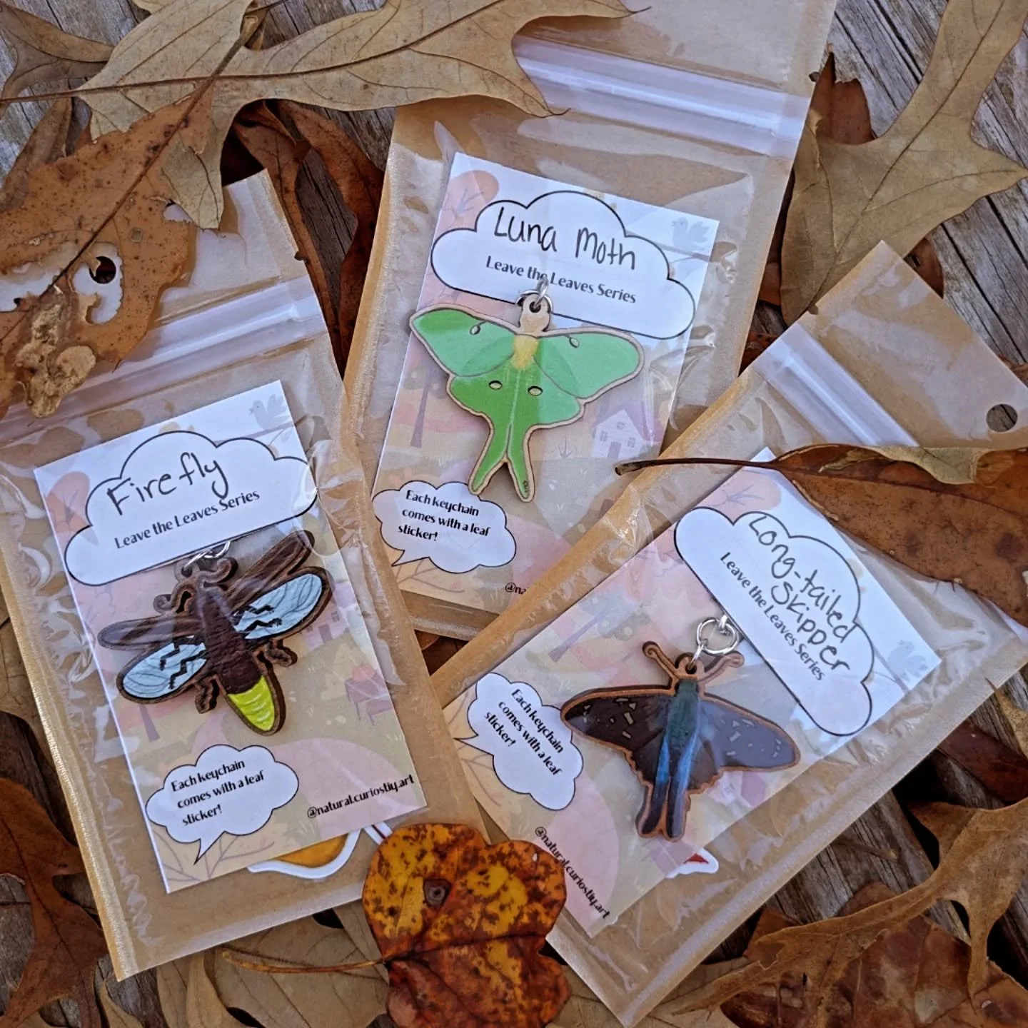 🎉Coming soon to an art vending machine near you🎉
My &quot;Leave the Leaves&quot; keychain series celebrates and brings awareness to all the critters that need shelter during the winter months. Without fall leaves, our neighbors have a hard time sur