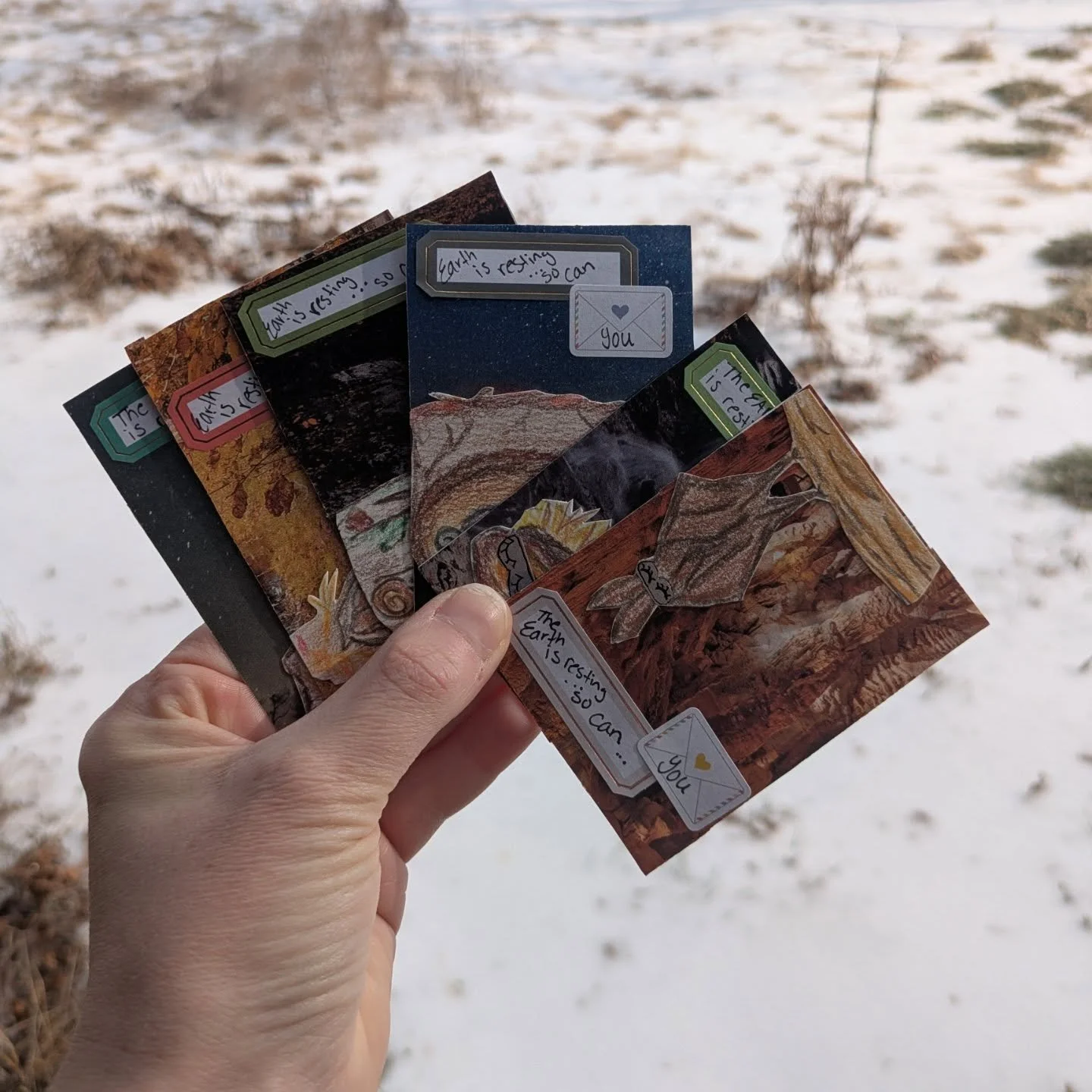 "The earth is resting, so can you" 
I LOVE making art cards for swaps. This is my second art card series featuring hibernating animals. 
The back of the card lists fun animal facts and encouragement to rest like that animal this winter. I t