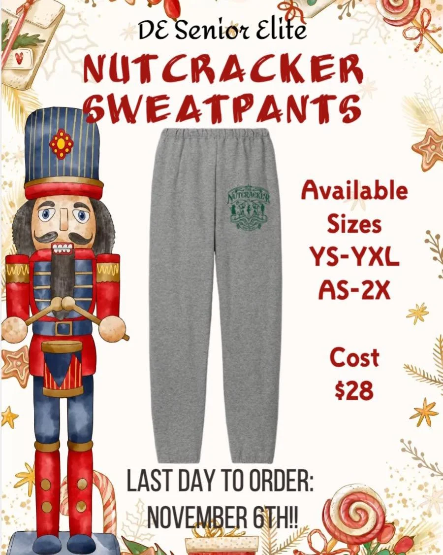 💂&zwj;♀️ Senior Elite will once again be selling Nutcracker sweatpants that match the Nutcracker Sweatshirt💂&zwj;♀️

These are perfect for rehearsals and backstage

📏Available Sizes YS-YXL, AS-2X
💰$28 per pair
📆 Last day to order: November 6th


