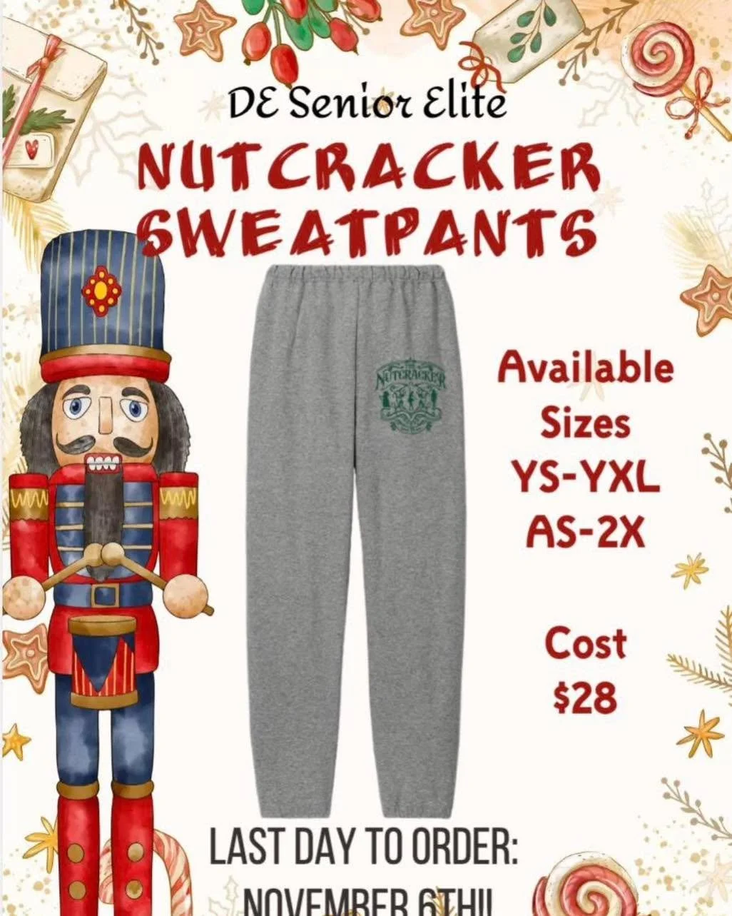 Last week to get your orders in!
Last day to order: Thursday, November 6th.

There will not be extras!!

See a Senior Elite mom in the lobby to order