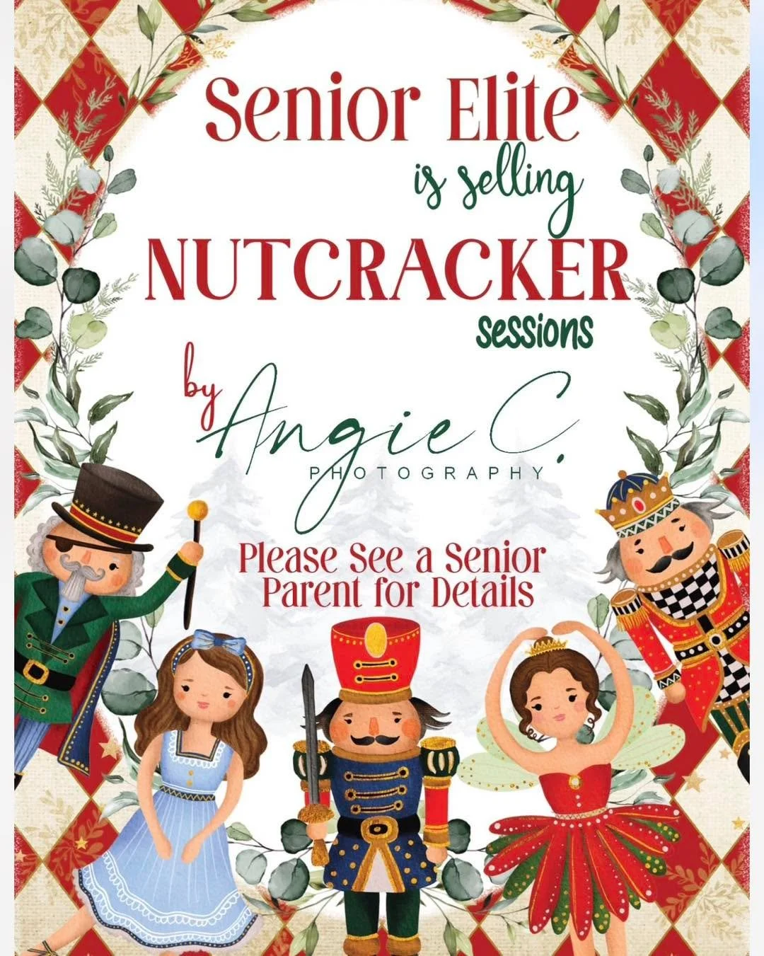 Senior Elite will start selling Nutcracker photo sessions tomorrow! Photos will be taken on stage at the MAC in between the morning matinee and evening shows.

 $25 for 1 session
$35 for 2 sessions or siblings

Please see a senior elite mom in the lo