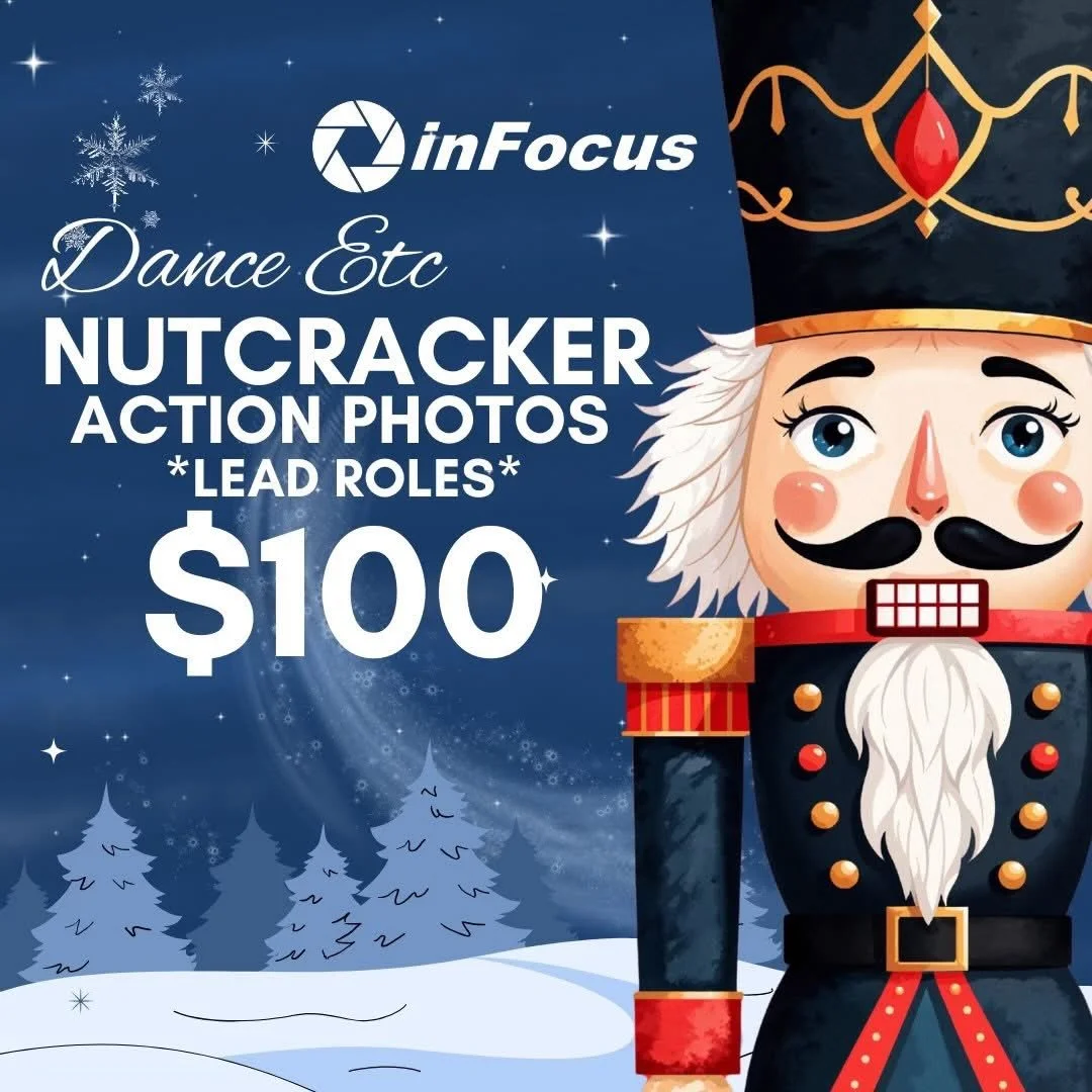 InFocus Media is excited to capture the magic of this year&rsquo;s Dance Etc Studio of Dance Nutcracker performance!
🎥 Pre-Order USB Video Drives (all three shows) -
$30
📸 Action Photos (Lead Roles Only) - $100
Pre-orders are now open.
Payments acc