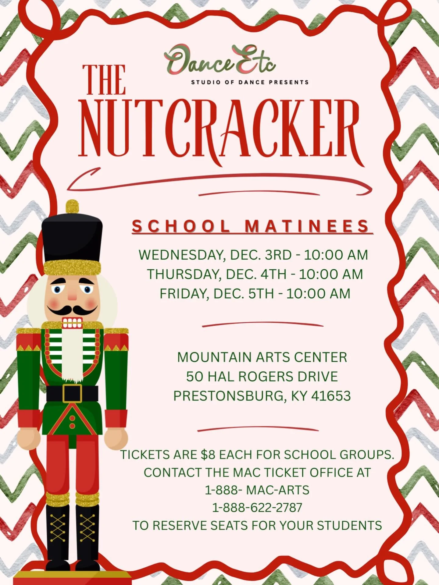 Dancers and Parents: Be sure to invite your schools to our Nutcracker matinee performances.
Encourage your child&rsquo;s teachers to bring their classes to support their classmates and enjoy this wonderful holiday tradition. Contact info on the flyer