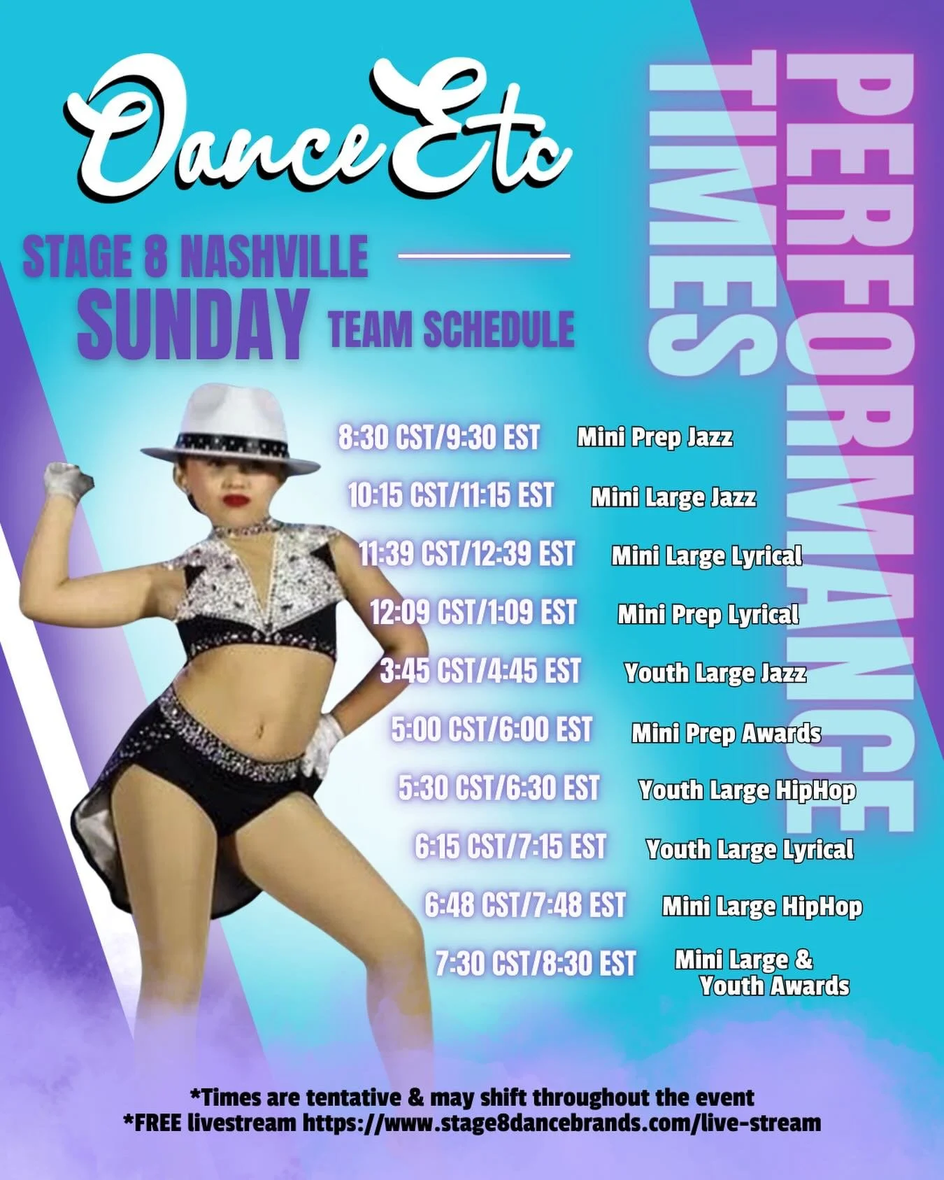 Sun. 3/1 Stage 8 Nashville 

Stage8 will provide a FREE livestream via DanceBug. Once the event begins, you can access the livestream at https://www.stage8dancebrands.com/live-stream 

#danceetc #deproud #morethanjustdance @stage8dance