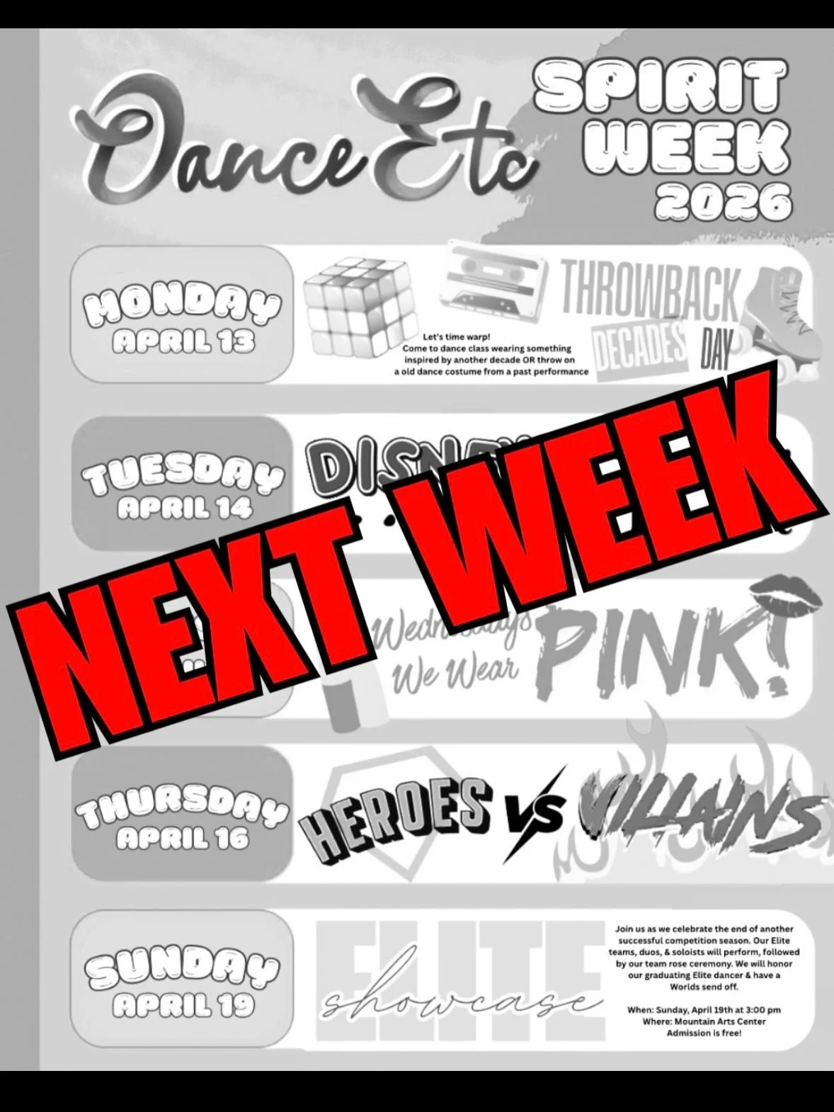 Some April Reminders:

Next week (April 13-16) will be Spirit Week at DE! Check out each days themes. 

The last day to turn in orders for Recital Program Ads will be Thur. April 16th. Please make payments to Dance Etc. 

Join us Sun. April 19th 3:00