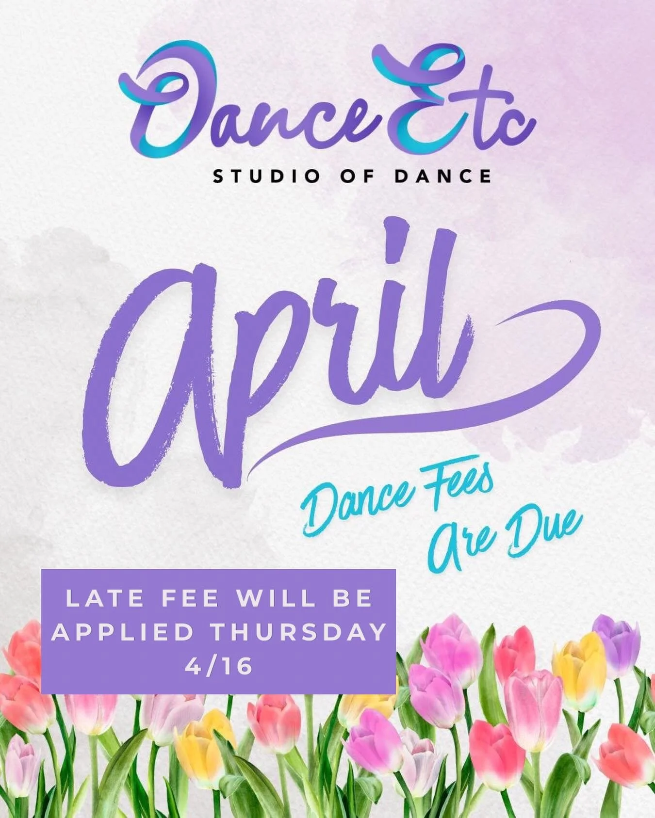 Reminder: April dance tuition is due! If you haven&rsquo;t paid yet, our office will be open Monday-Thursday from 3:30-7:00. The April late fee will be applied Thursday, 4/16