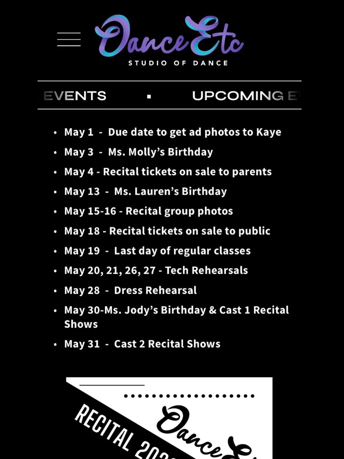 Happy May to the DE family! This is a busy month and we will be posting reminders on social media, but if at any point you cannot locate info you need, please visit our website. https://www.danceetc.biz It is the fastest and most up-to-date source of