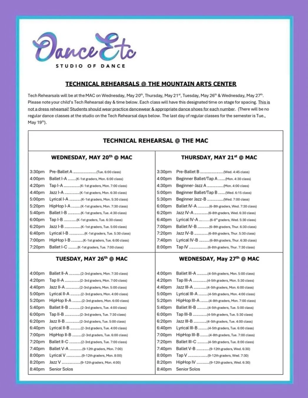 Tech rehearsal schedule