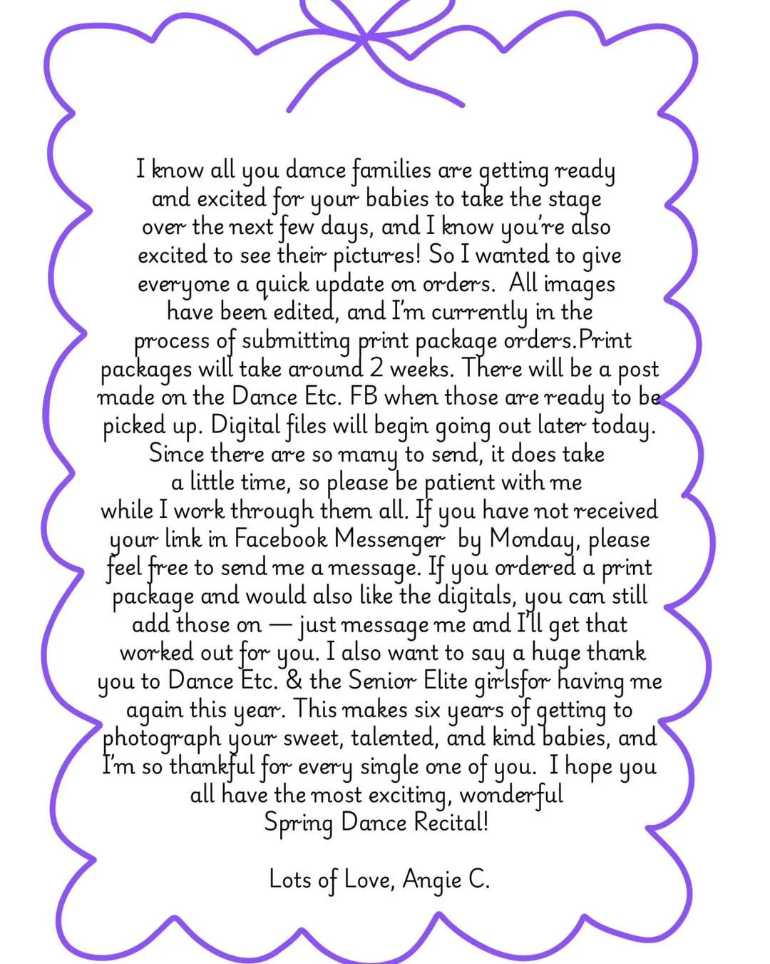 Recital picture update from Angie. We will post as soon as photos are available for pickup at DE
