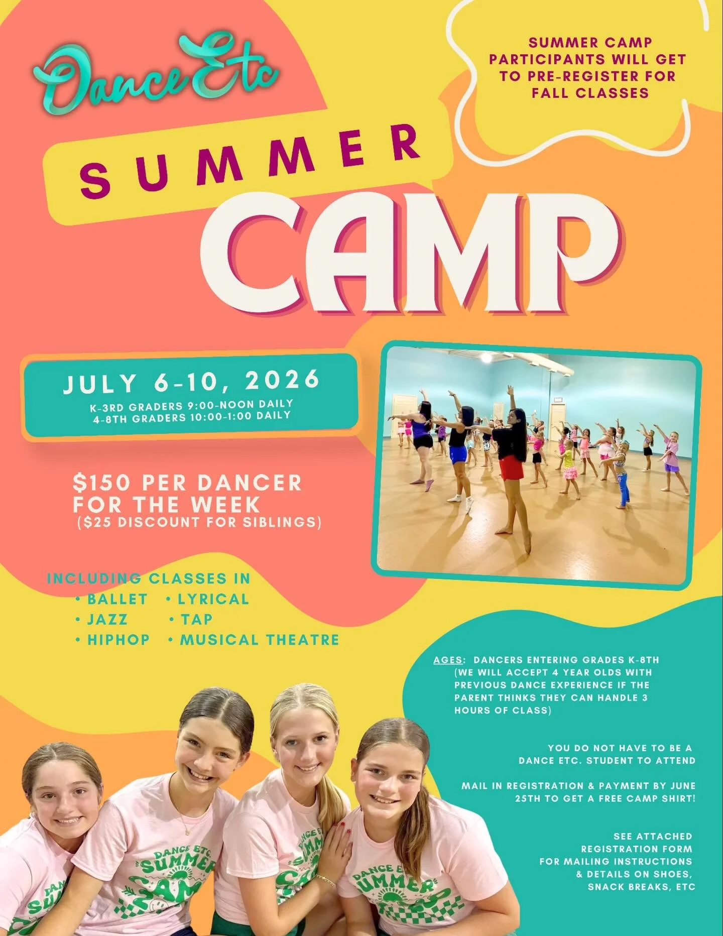 DE Summer Camp info! 
(Swipe for registration form)
&bull;Mail in registration and payment by June 25th to get a free shirt!
&bull;Camp participants will get the opportunity to PREREGISTER for Fall classes!
