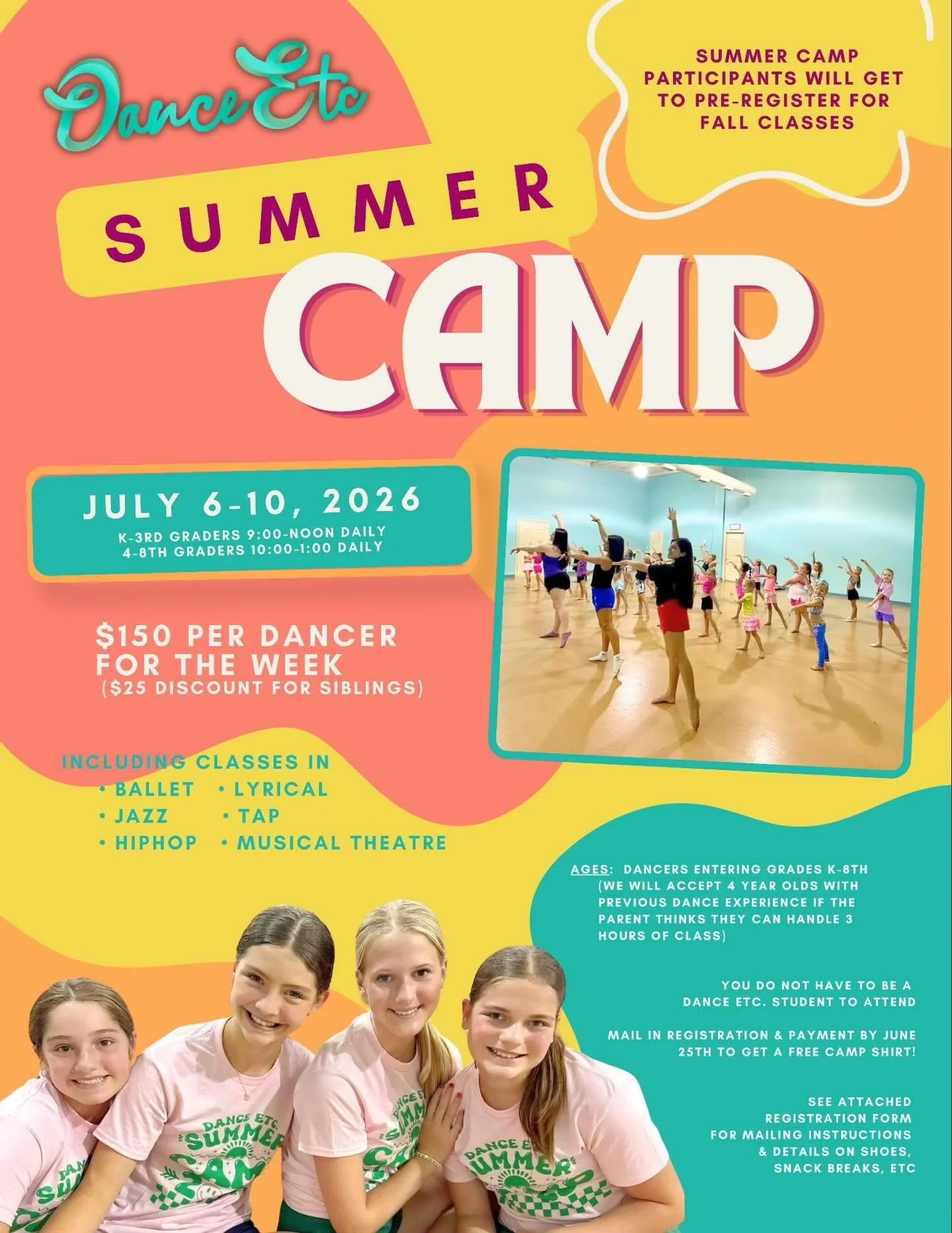 DE Summer Camp info! 
&bull;See attached registration form for details and mailing info 
&bull;Mail in registration and payment by June 25th to get a free shirt!
&bull;Camp participants will get the opportunity to PREREGISTER for Fall classes!
