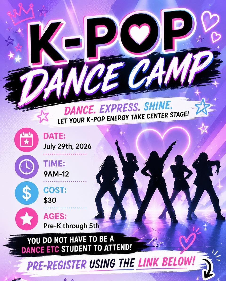 💜✨ Calling all future K-Pop stars! ✨💜

Join us for our K-Pop Dance Camp hosted by Dance Etc Senior Elite! Learn fun choreography, make new friends, and dance the morning away to your favorite K-Pop-inspired music.

🗓 Date: July 29, 2026
🕘 Time: 9