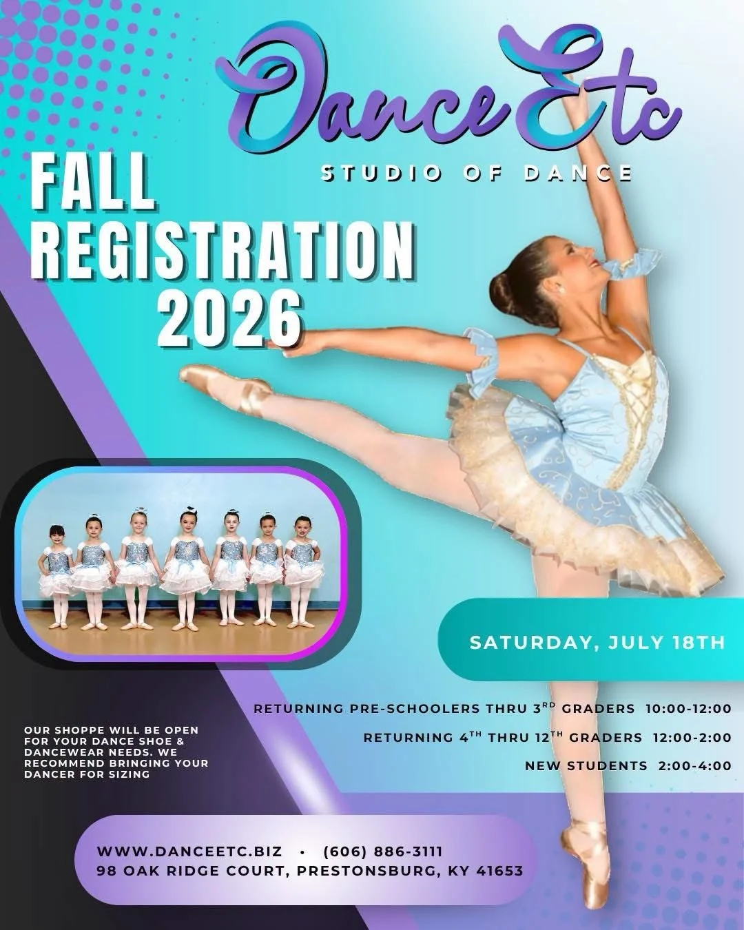 Dance Etc. 2026-2027 Schedule &amp; Registration (visit www.danceetc.biz for class descriptions, policies, etc.)

&bull; Registration Day: July 18th. To cut down on crowds and traffic in the lobby, please see the registration times we have allowed fo