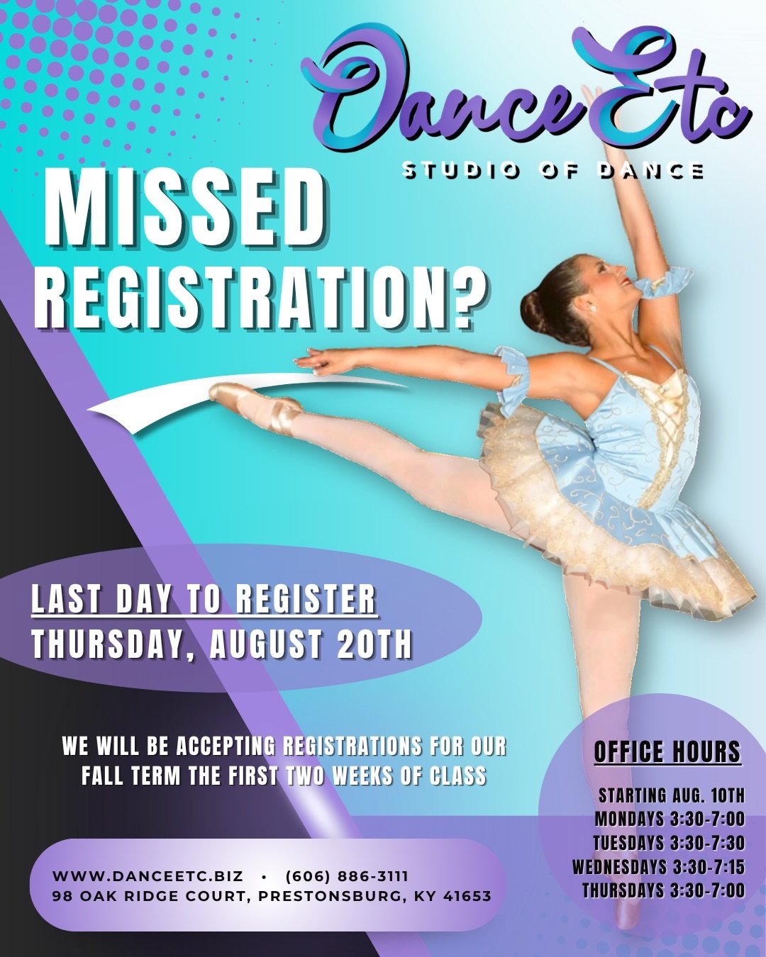 Missed dance class registration? No worries! We will still be accepting student registrations the first 2 weeks of classes (Aug. 10th-20th). The last day to sign-up will be August 20th.

Classes and regular office hours will resume Monday, August 10t
