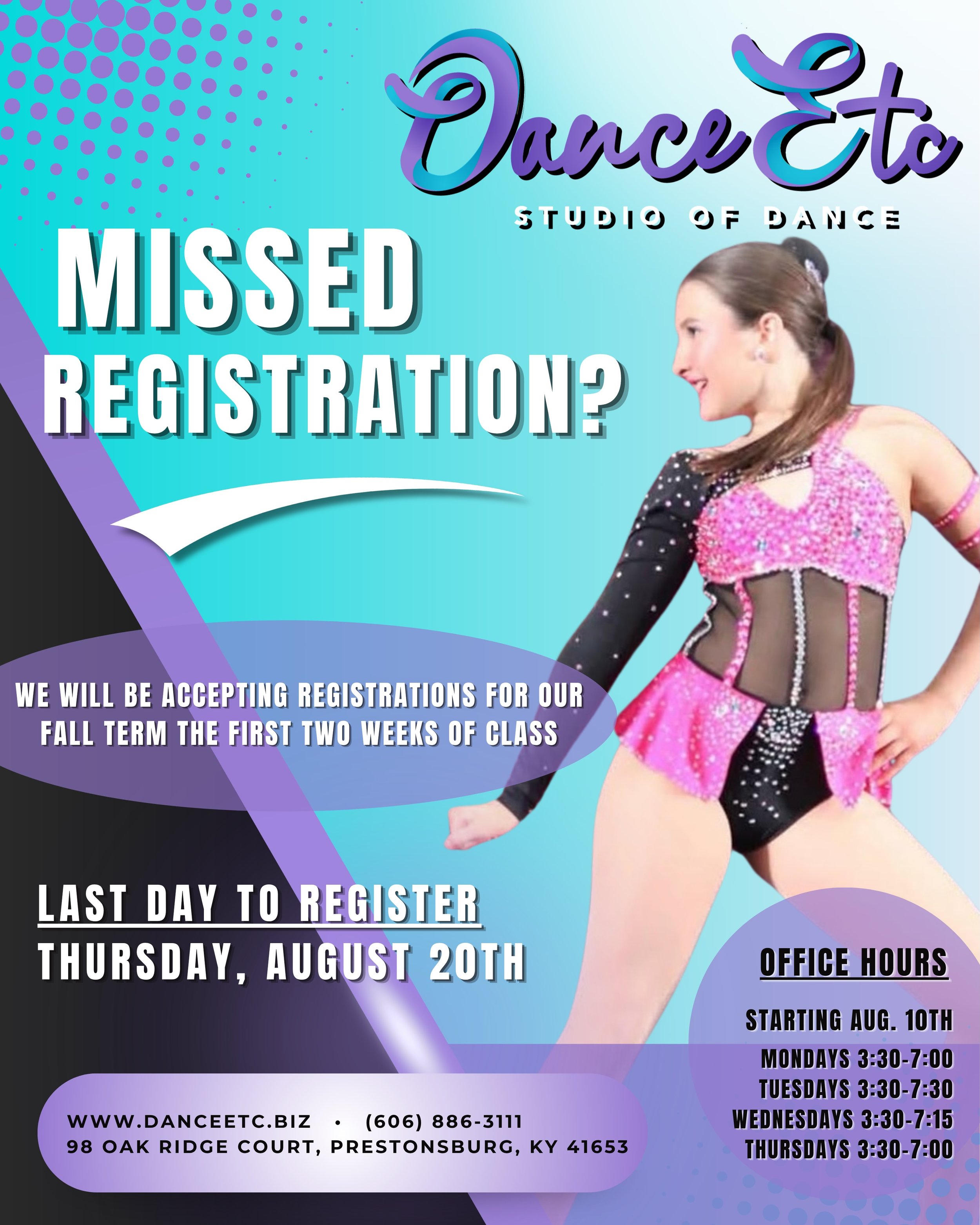 &bull; Classes start the week of August 10th!

&bull; We will be hosting our annual Pointe Promotion (6th grade &amp; up) for pointe students August 16th from 2:00-6:00. We will be fitting for shoes, taking photos, answering questions, and may have a