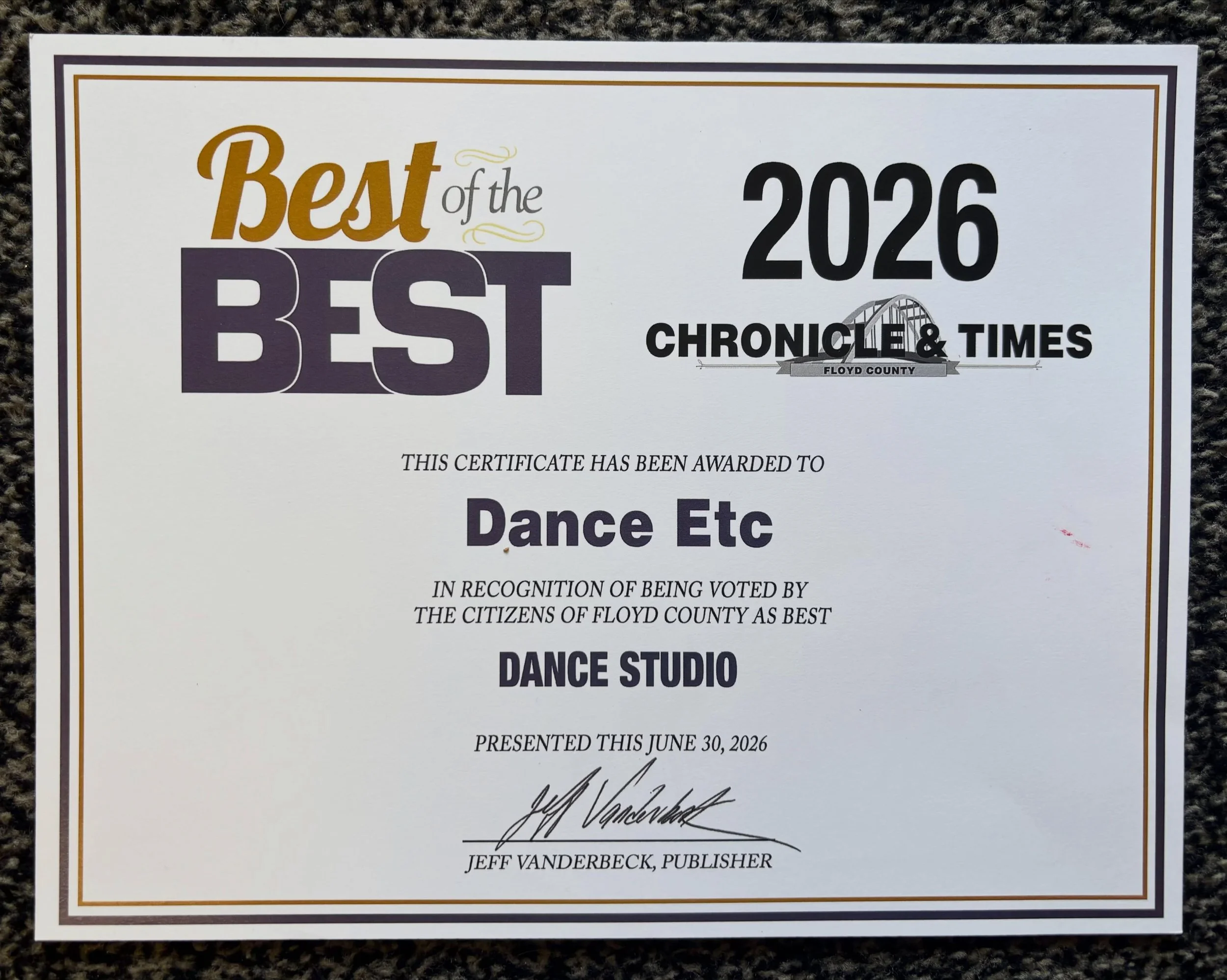 A huge thank you to the citizens of Floyd County as well as the Chronicle &amp; Times for selecting us as your Best of the Best Dance Studio 2026! We are blessed to do what we love in the region we love ❤️ 

#danceetc #deproud #morethanjustdance