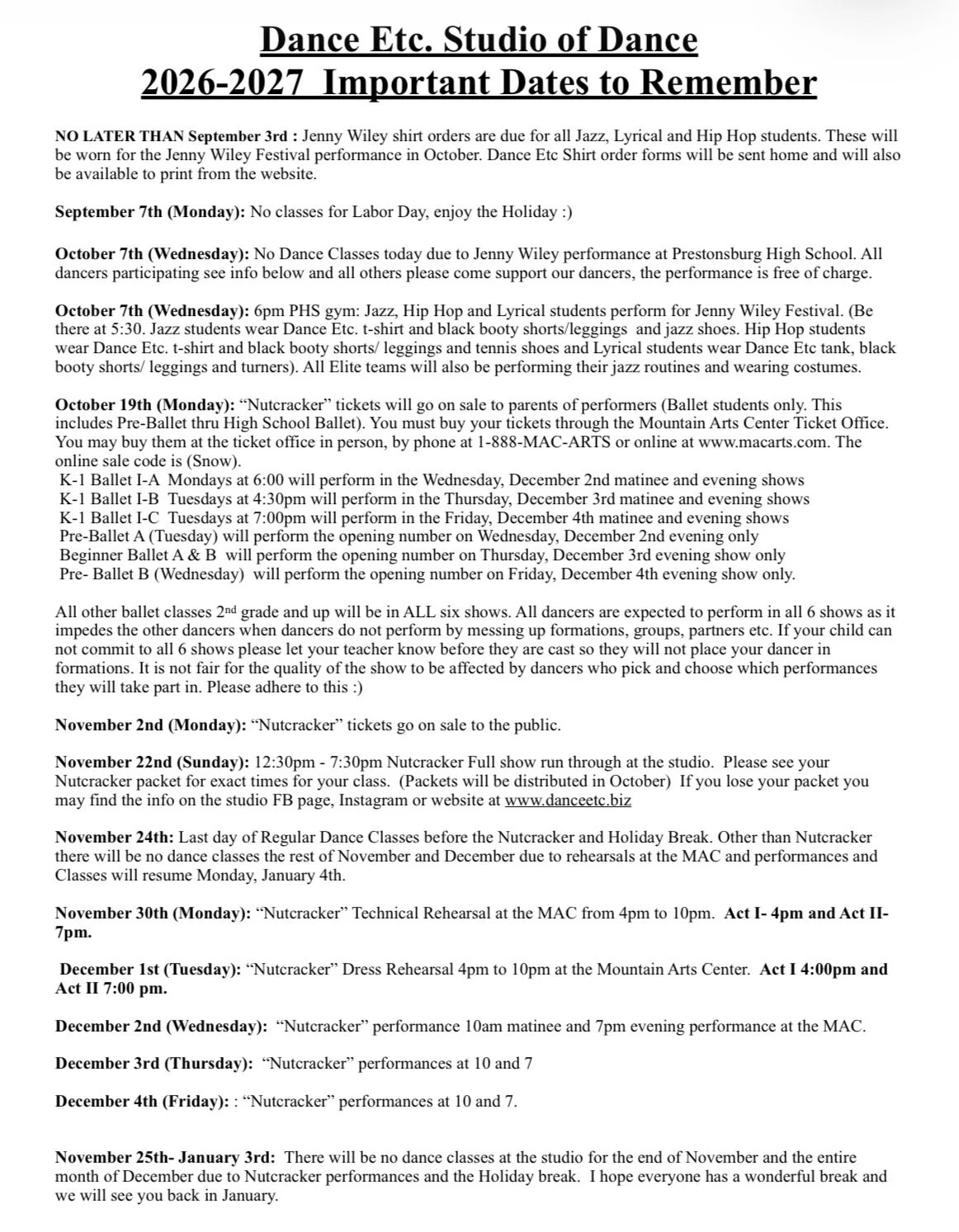 Studio Calendar for 2026-2027