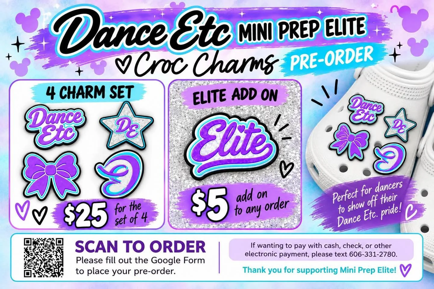 Dance Etc. Mini Prep Elite are selling DE croc charms! If interested, please see the info on the attached flyer.