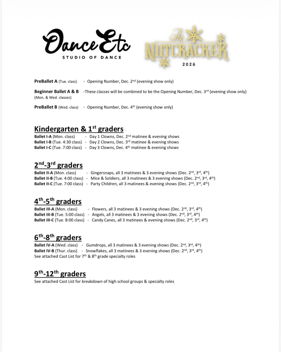Congratulations to the 2026 cast of Dance Etc.&rsquo;s Nutcracker! Note that all PreBallet-8th grade ballet classes will learn their routines during regular class time. We have attached the rehearsal schedule for high school ballet classes as well as