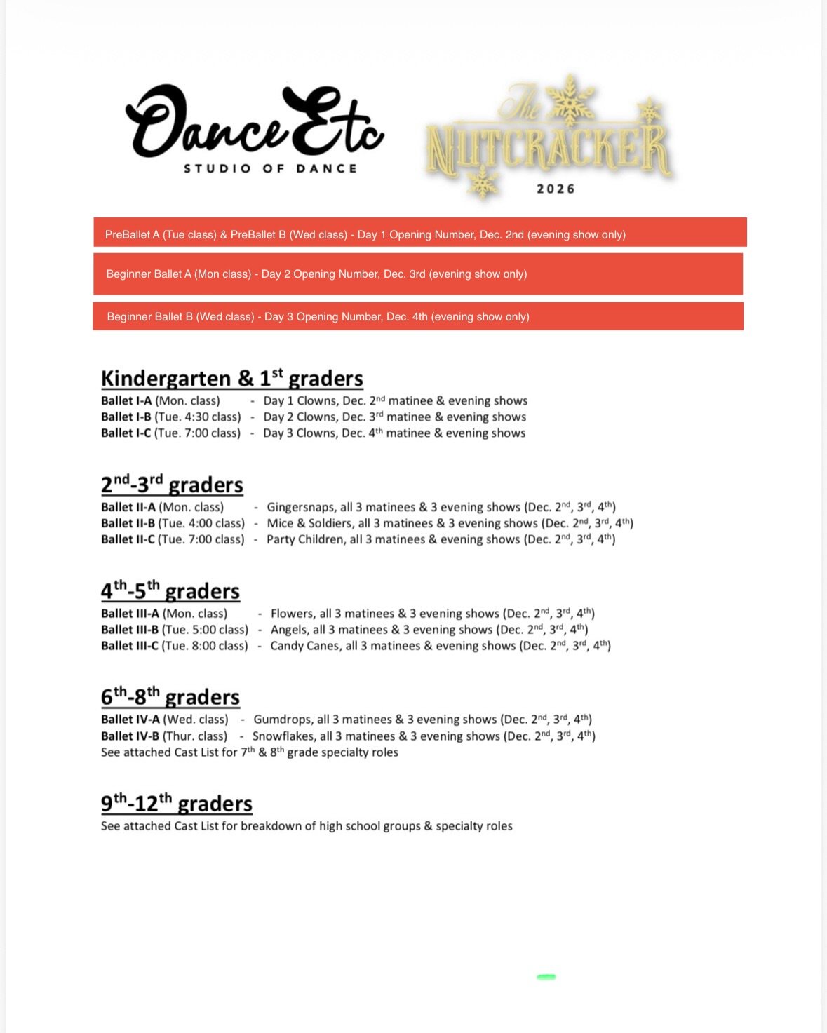 Congratulations to the 2026 cast of Dance Etc.&rsquo;s Nutcracker! Note that all PreBallet-8th grade ballet classes will learn their routines during regular class time. We have attached the rehearsal schedule for high school ballet classes as well as