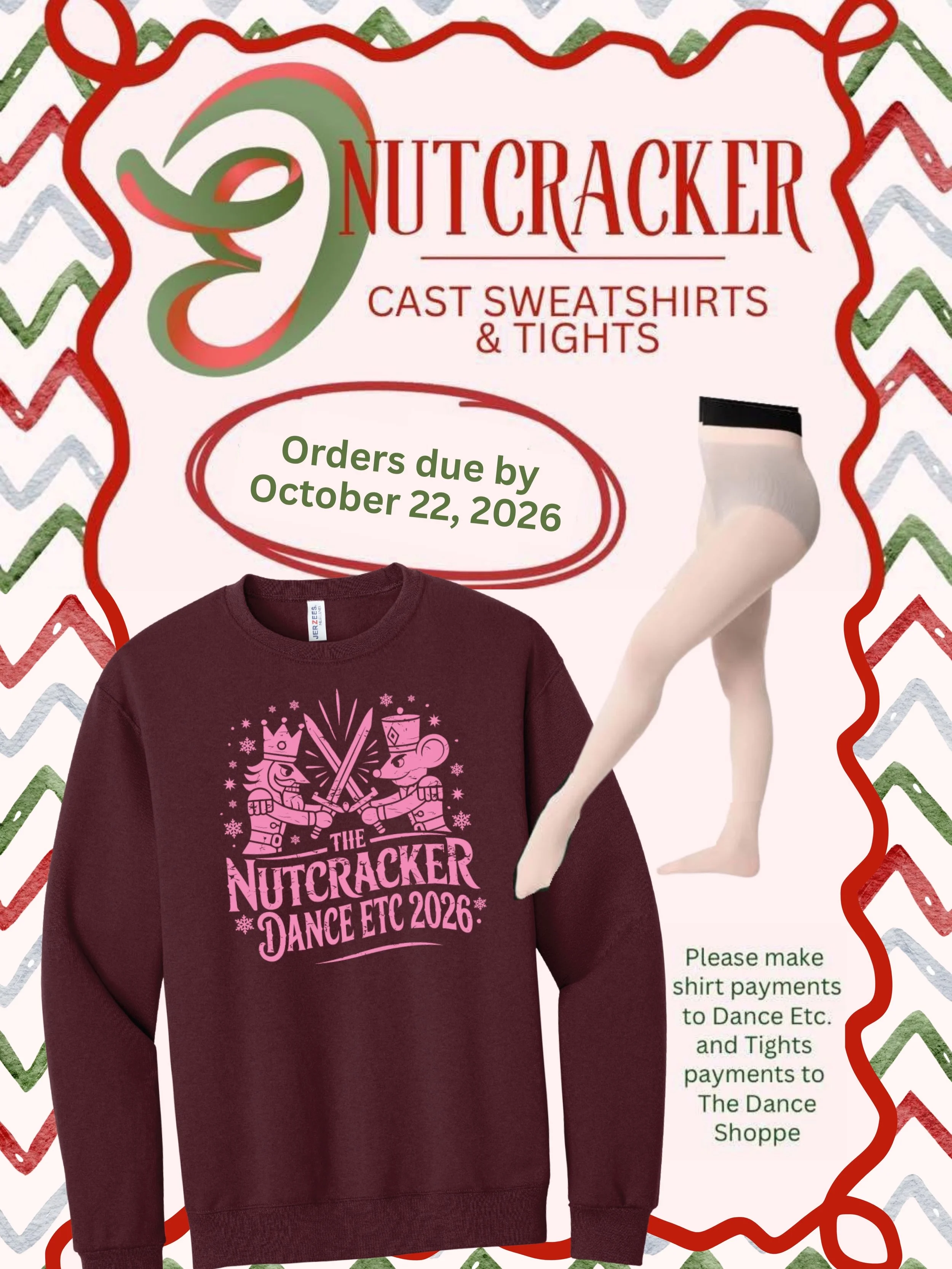 Reminders: 
&bull; Tickets go on sale to parents of participants starting Monday, 10/19
&bull; Orders for cast shirts and tights are due to the office by 10/22
&bull; Senior Elite will be selling matching sweatpants.  Please see a Sr Elite parent to 