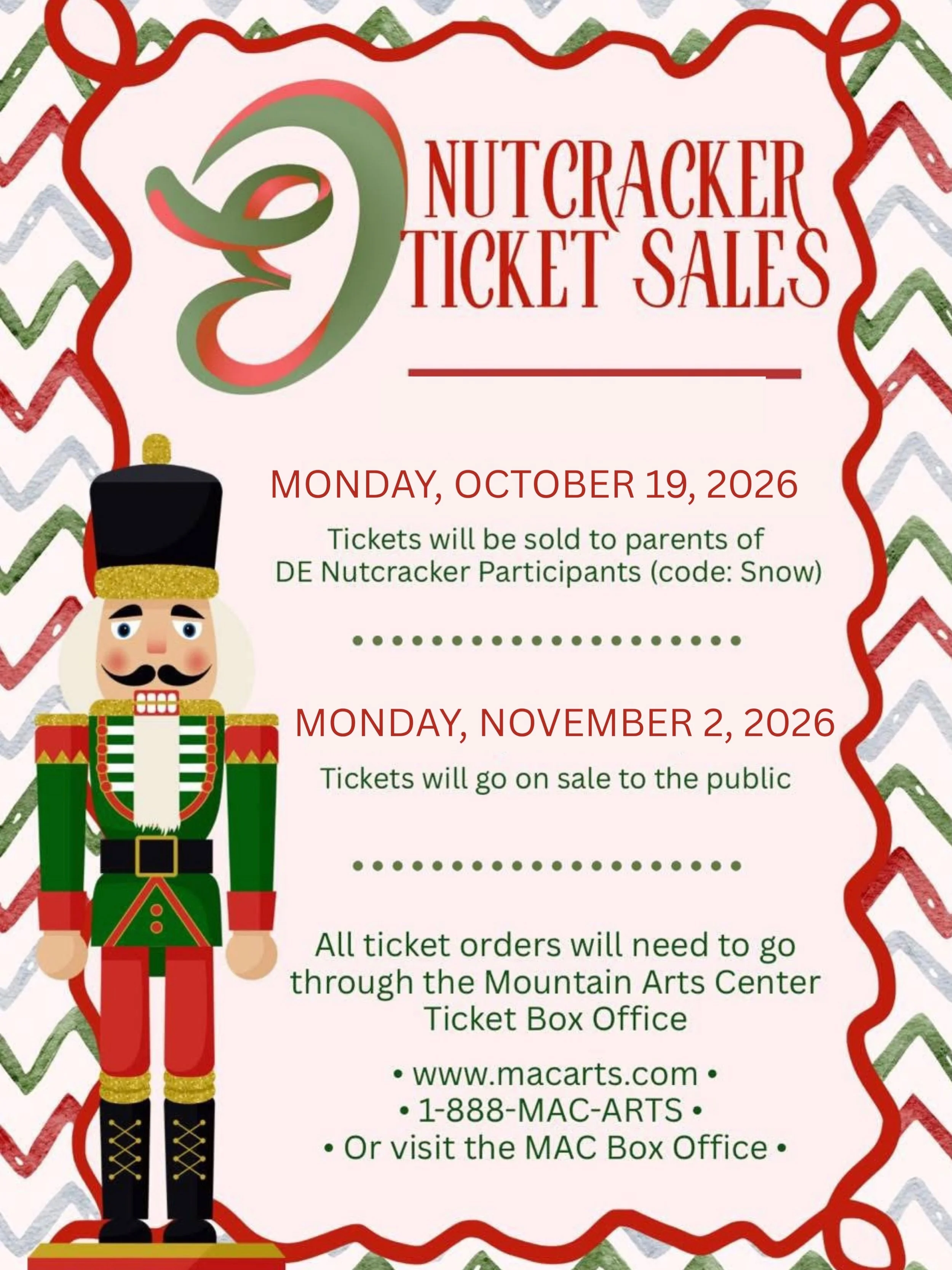 Reminders: 
&bull; Tickets go on sale to parents of participants starting Monday, 10/19
&bull; Orders for cast shirts and tights are due to the office by 10/22
&bull; Senior Elite will be selling matching sweatpants.  Please see a Sr Elite parent to 