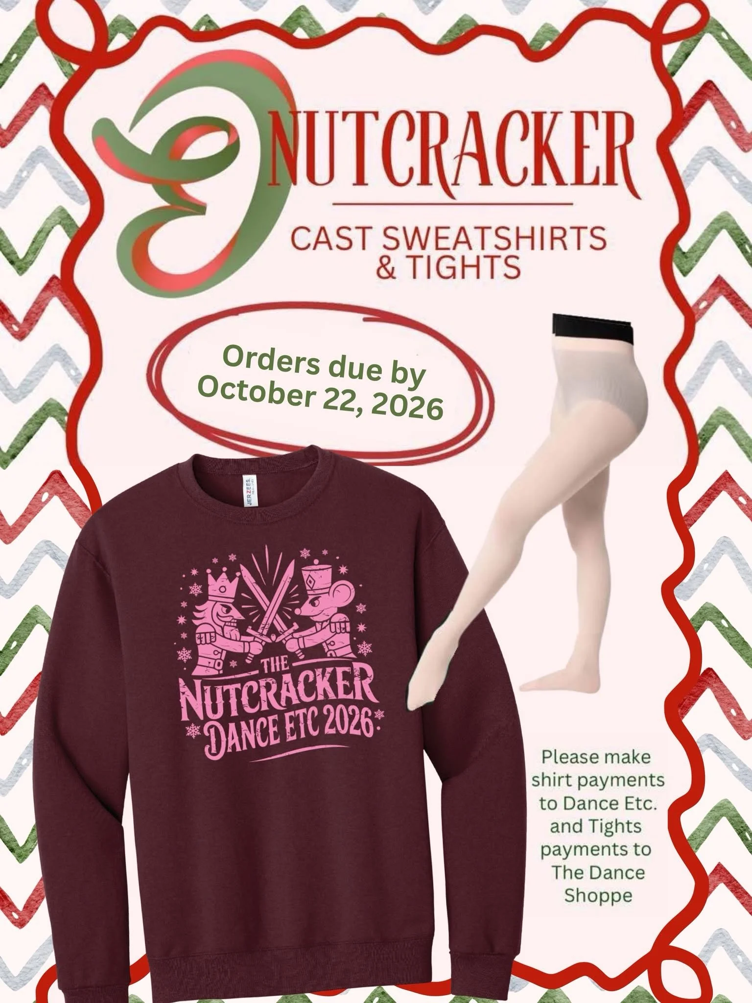 Don&rsquo;t forget! Orders for Cast sweatshirts and tights are due TOMORROW 10/22/26. Be sure to drop your order off to our office. We will be open Wed and Thur from 3:30-7:00.