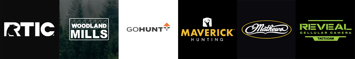 Logos of various outdoor and hunting brands that support Drawn West including RTIC, Woodland Mills, Gohunt, Maverick Hunting, Mathews, and Reveal Cellular Camera.