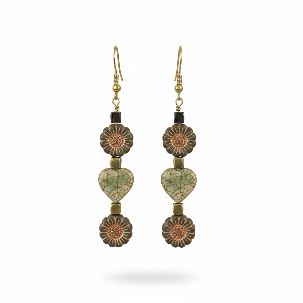 Czech glass drop earrings - Flowers and Hearts