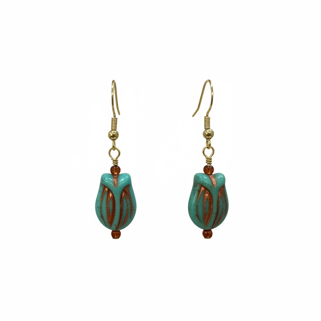 Czech glass teal tulip drop earrings