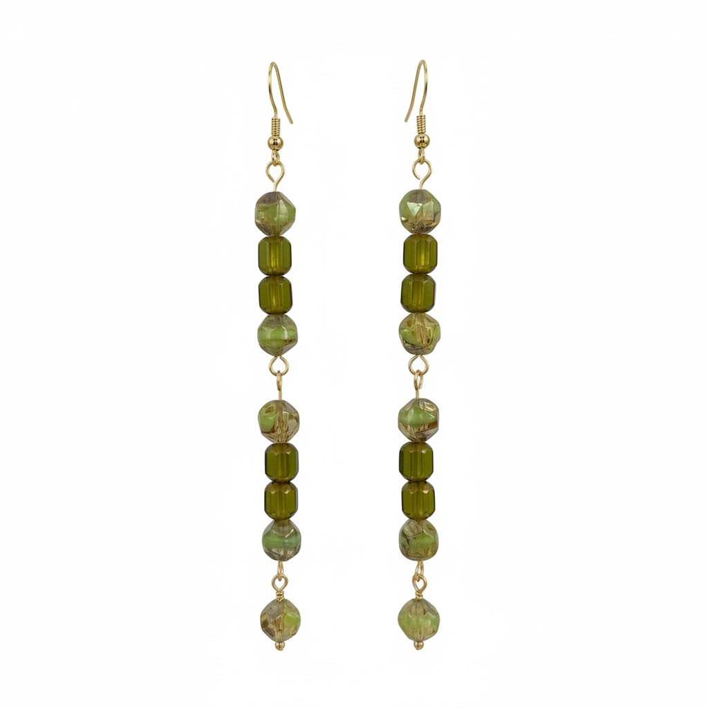 Czech glass drop earrings - green and bronze