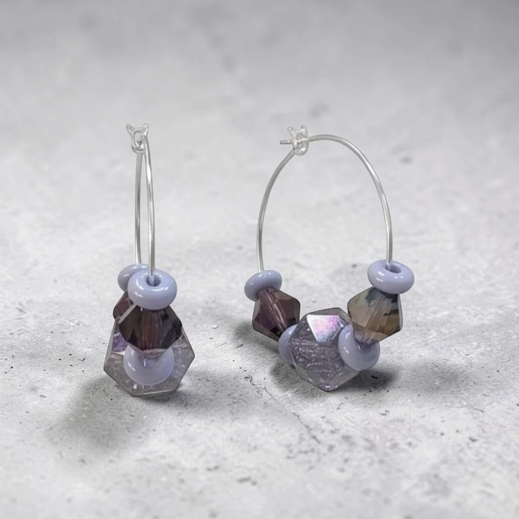 Czech glass purple bead hoop earrings
