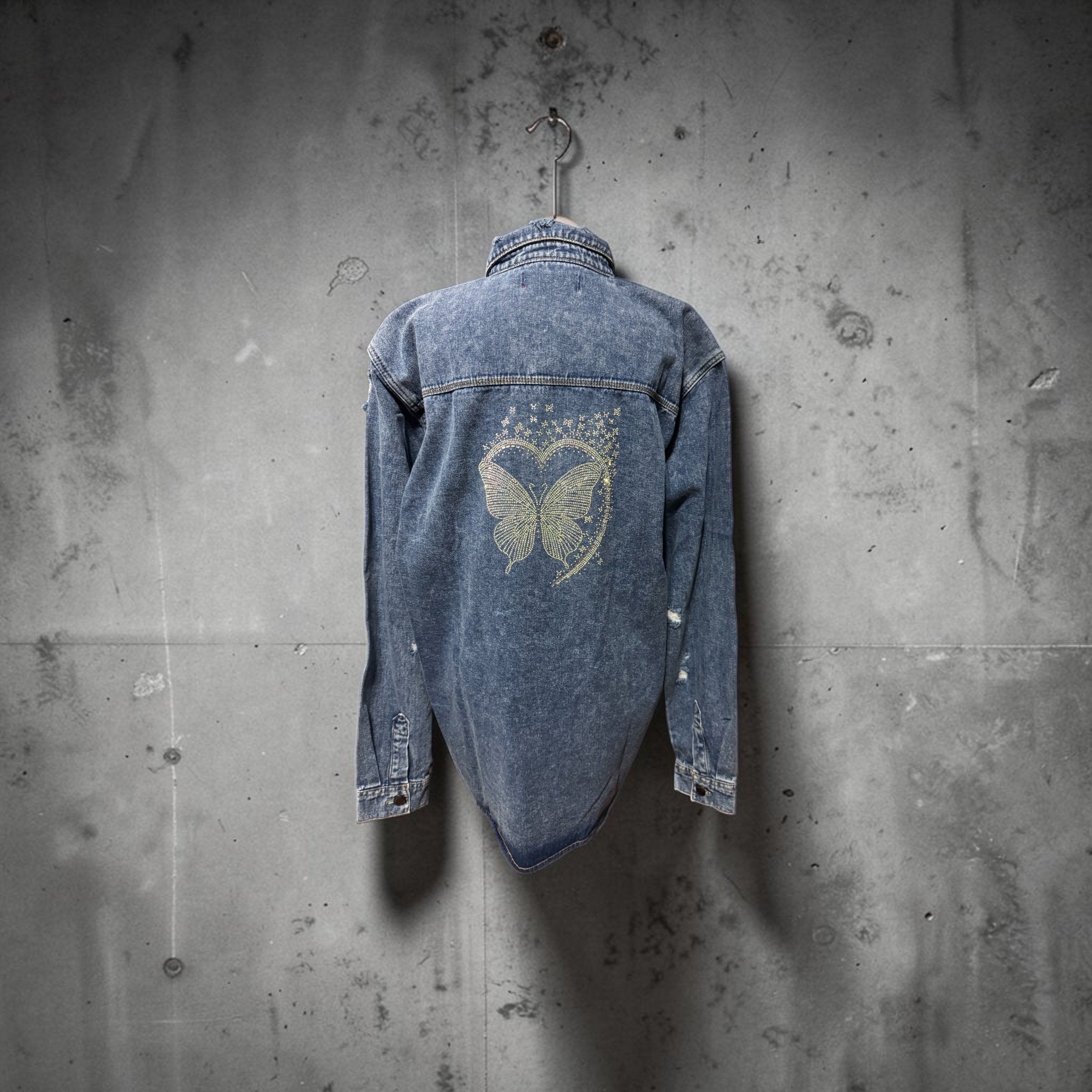 Distressed heavy denim shirt - rhinestone butterfly